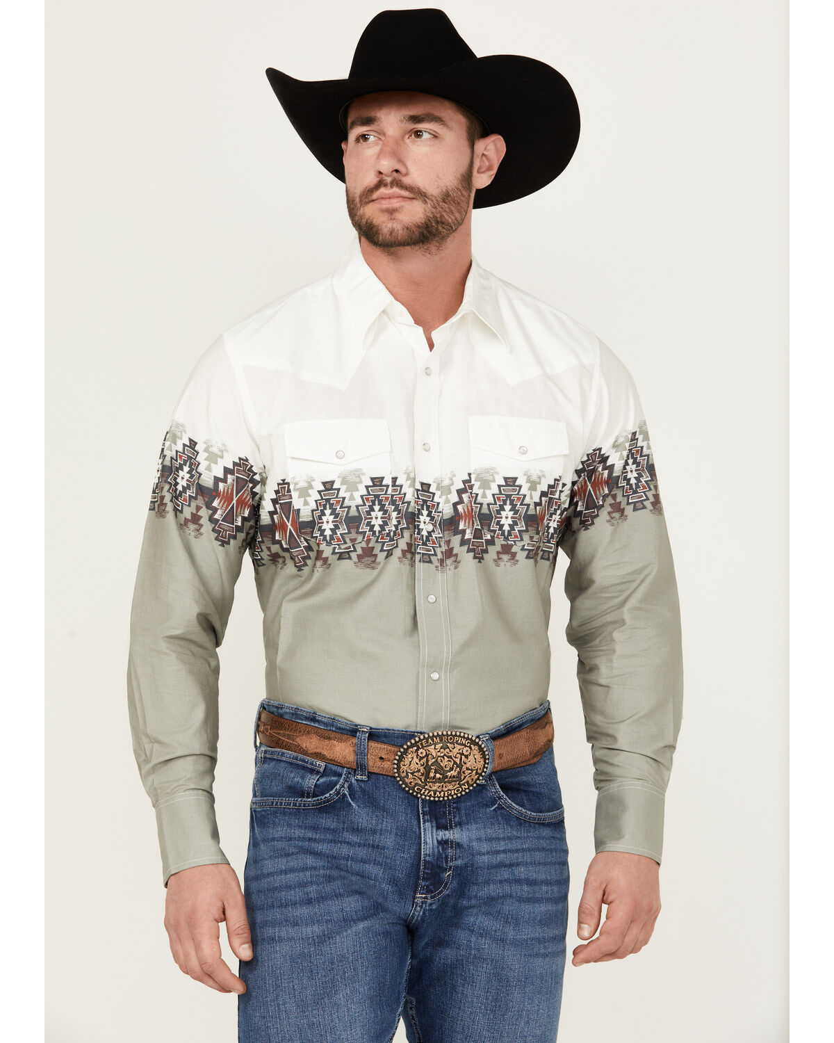 Men's Wrangler Checotah Border Print Long Sleeve Pearl Snap Western Sh