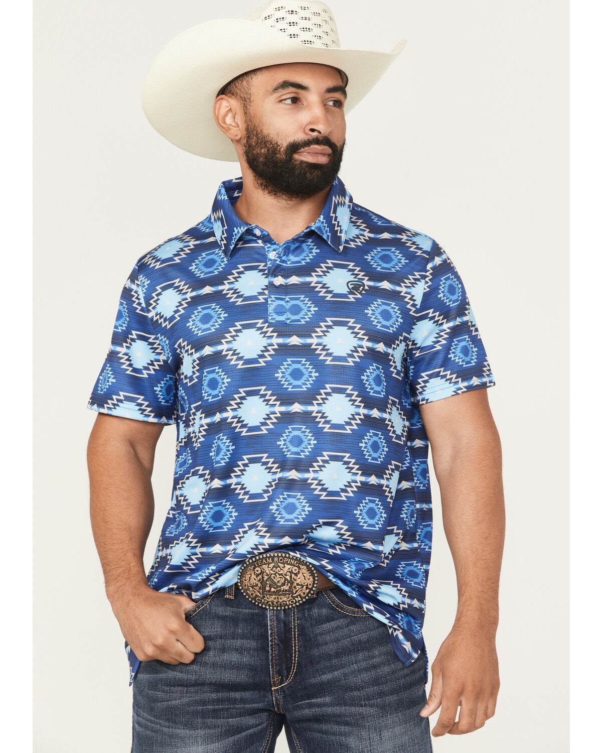 Men's Rock & Roll Denim Southwestern Print Short Sleeve Button-Down St
