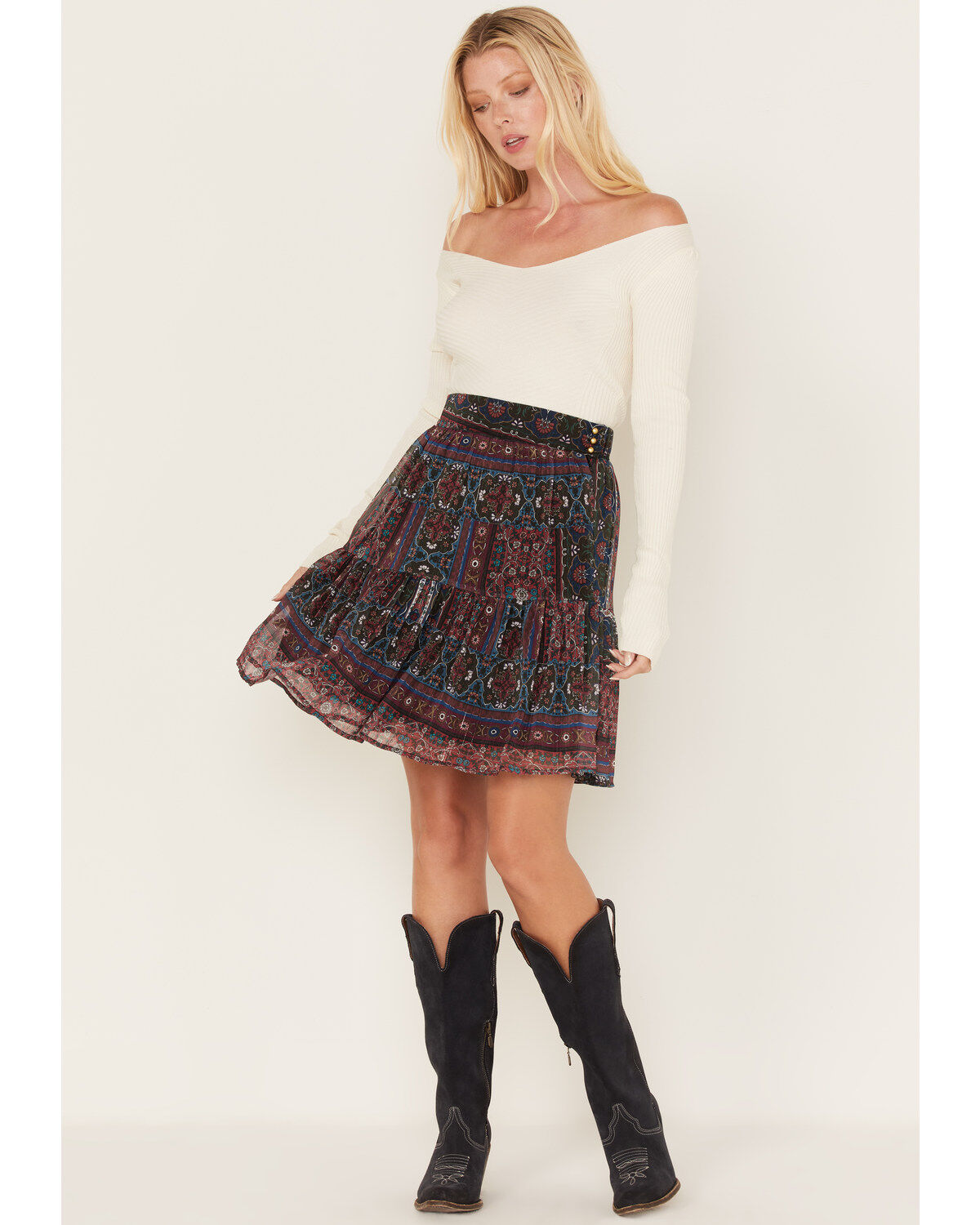 Women's Molly Bracken Metallic Floral Stripe Tiered Skirt