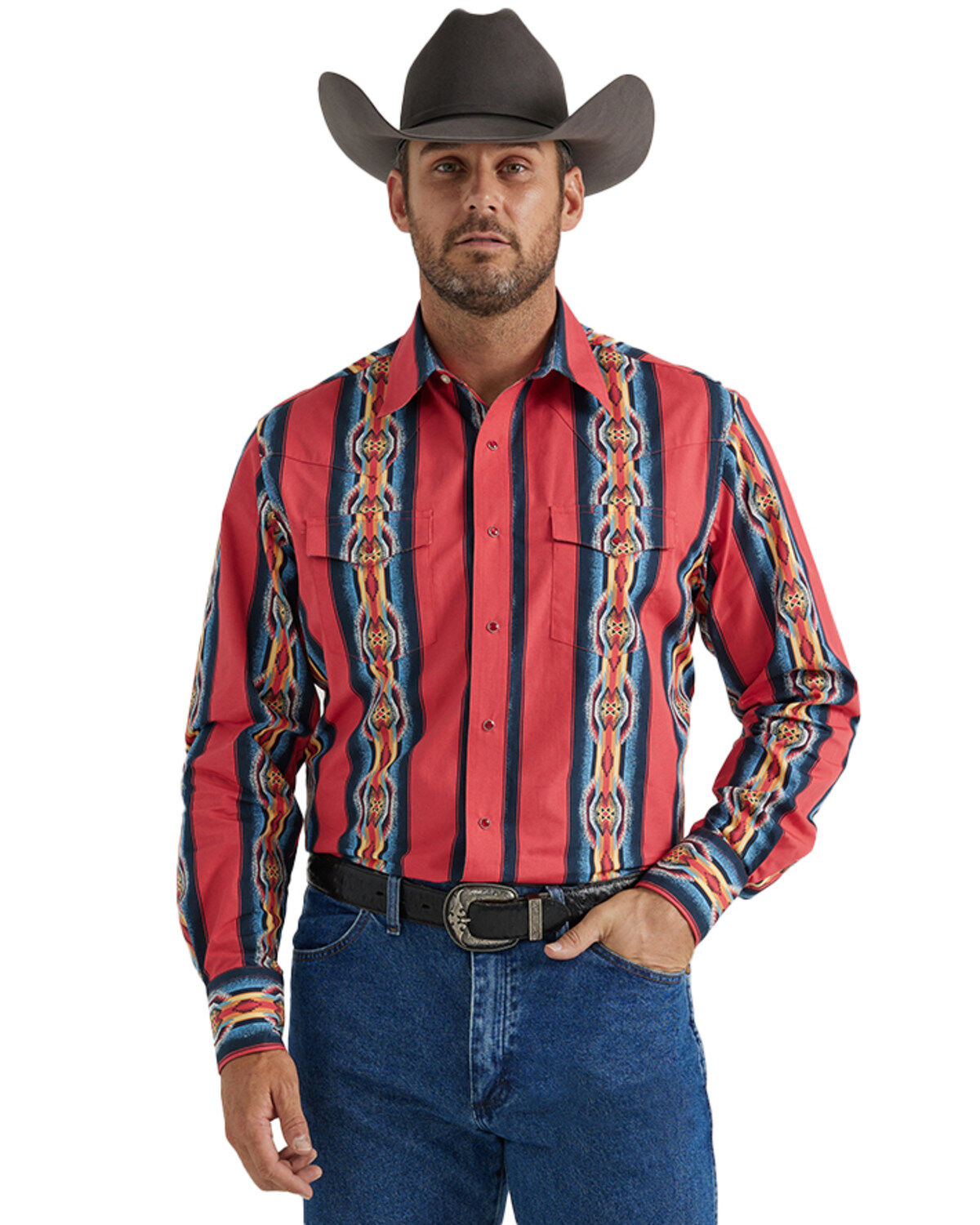 Men's Wrangler Checotah Southwestern Striped Print Long Sleeve Pearl S