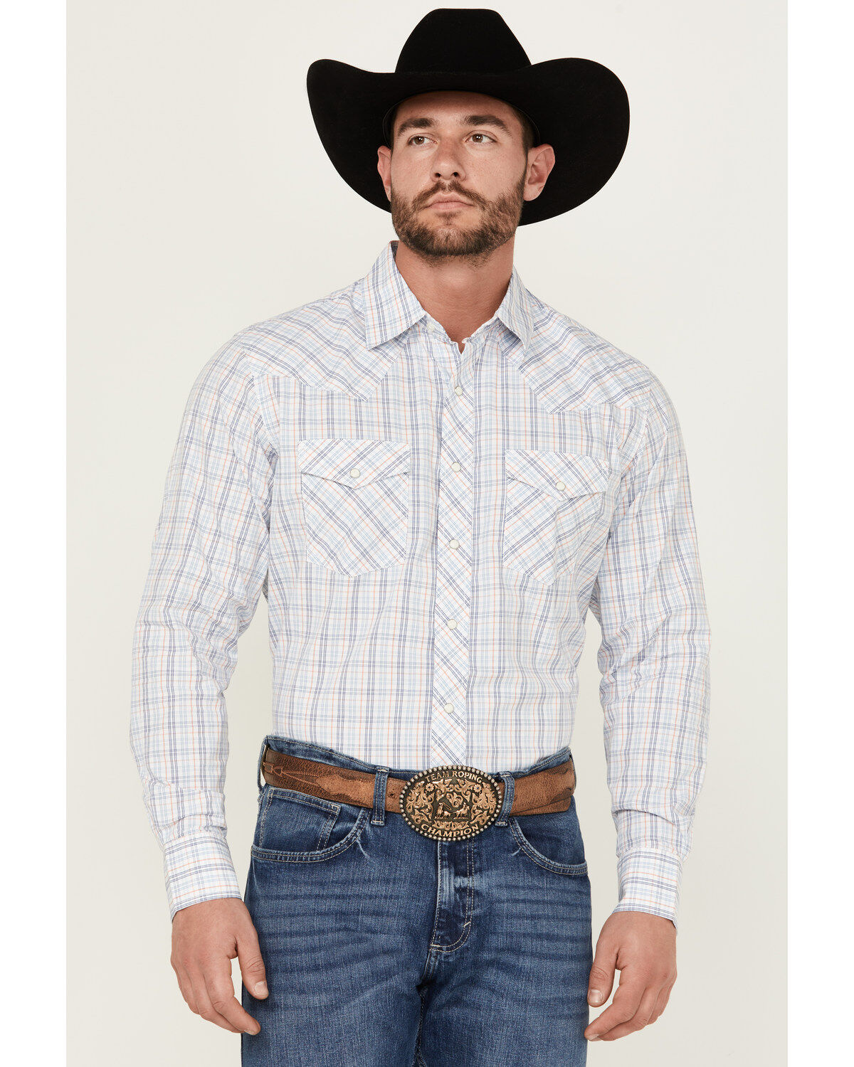Men's Wrangler 20X Plaid Print Long Sleeve Pearl Snap Stretch Western