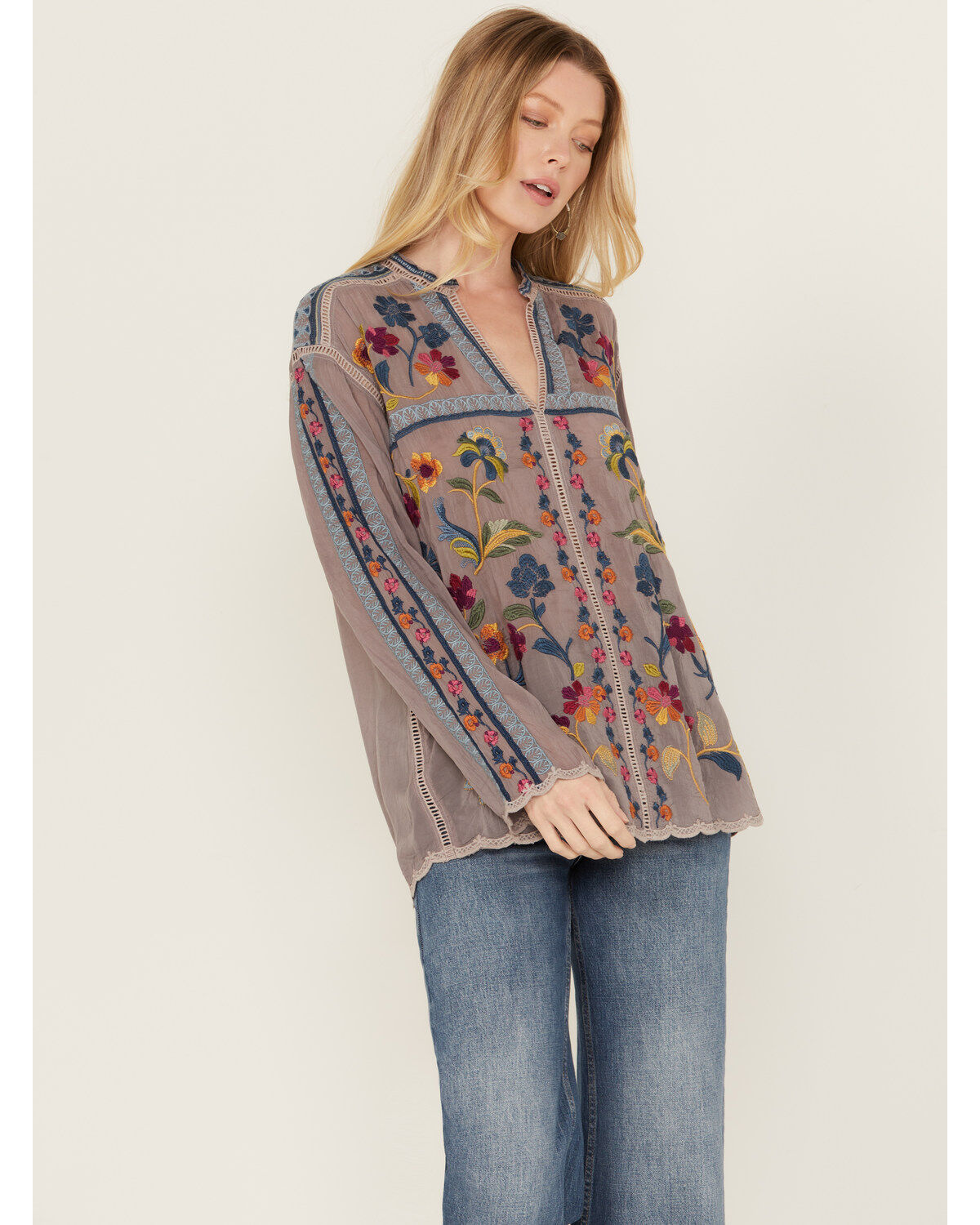 Women's Johnny Was Floral Embroidered Long Sleeve Shirt