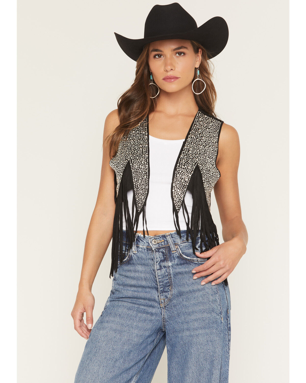 Women's Vocal Crystal Fringe Faux Suede Vest