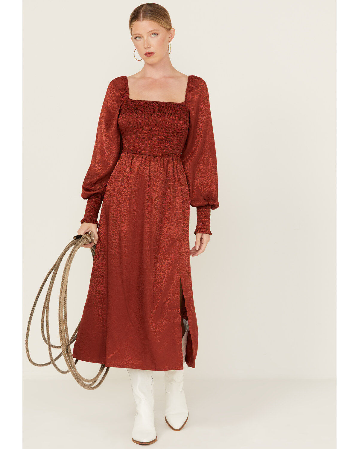 Women's Wrangler Jacquard Print Slit Long Sleeve Midi Dress