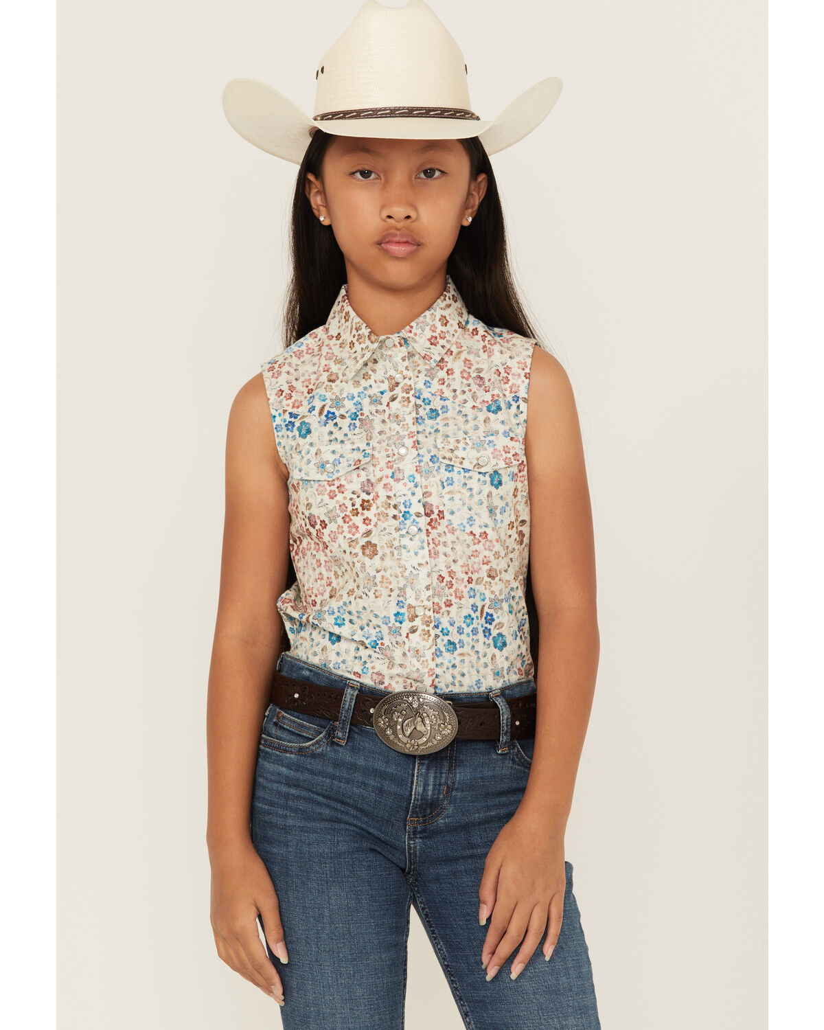 Girls' Shyanne Floral Print Sleeveless Snap Western Shirt