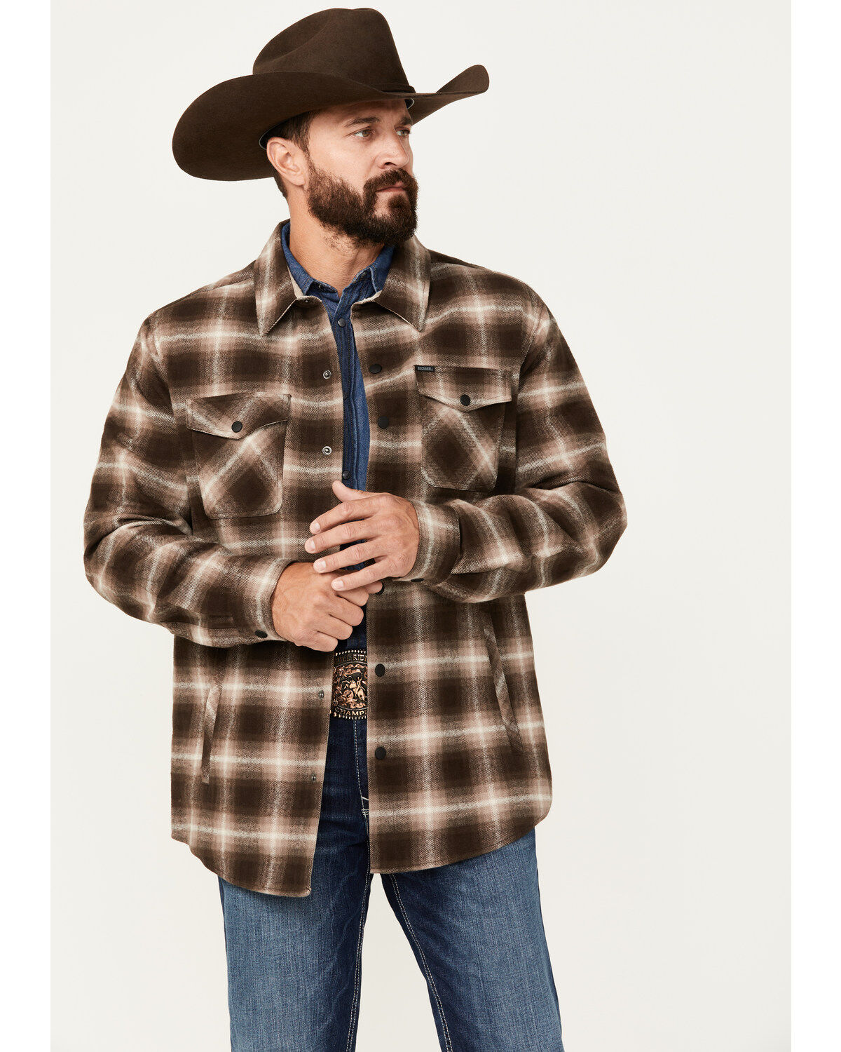 Men's Rock & Roll Denim Plaid Print Snap Shacket