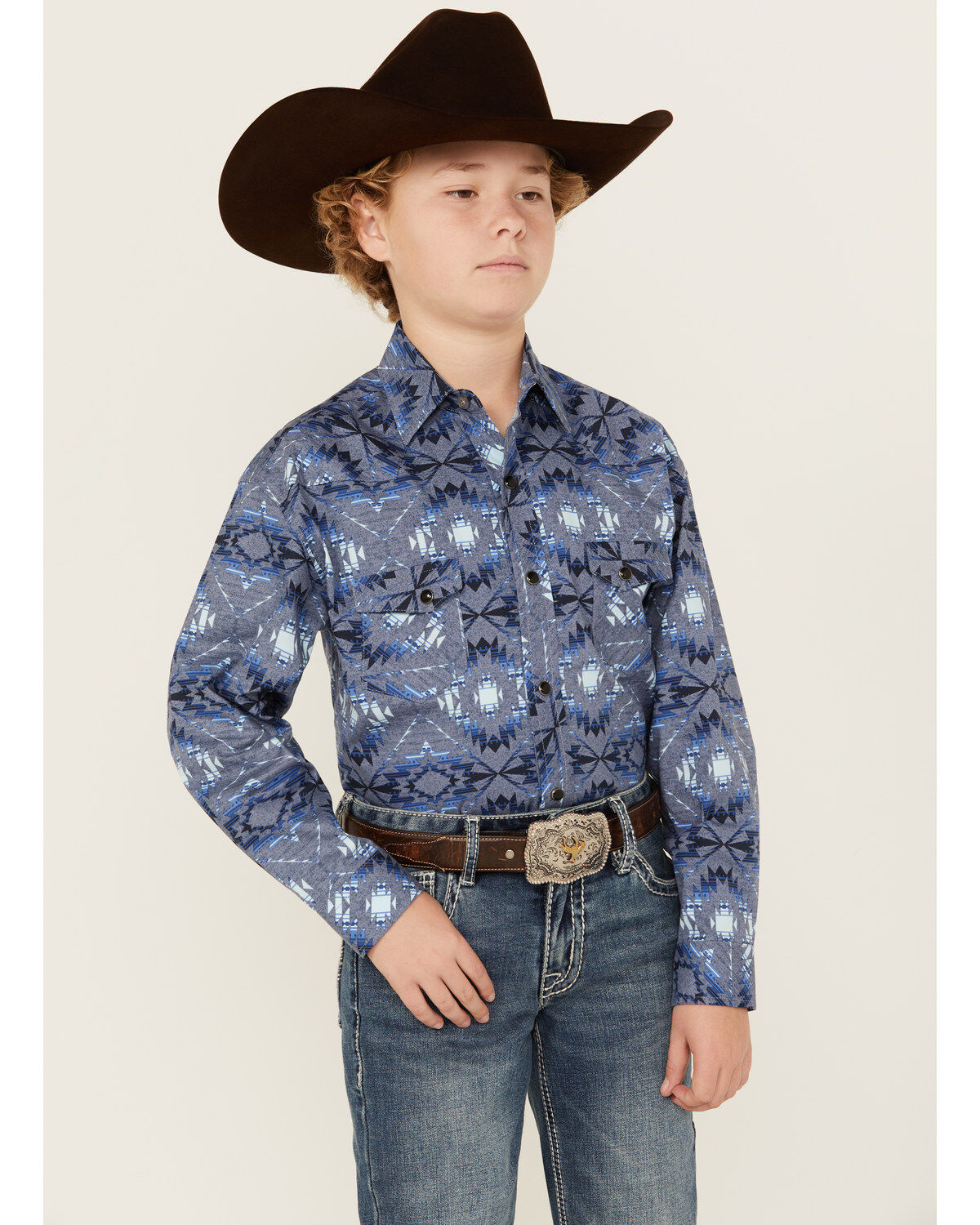 Boys' Rock & Roll Denim Bright Southwestern Print Long Sleeve Pearl Sn