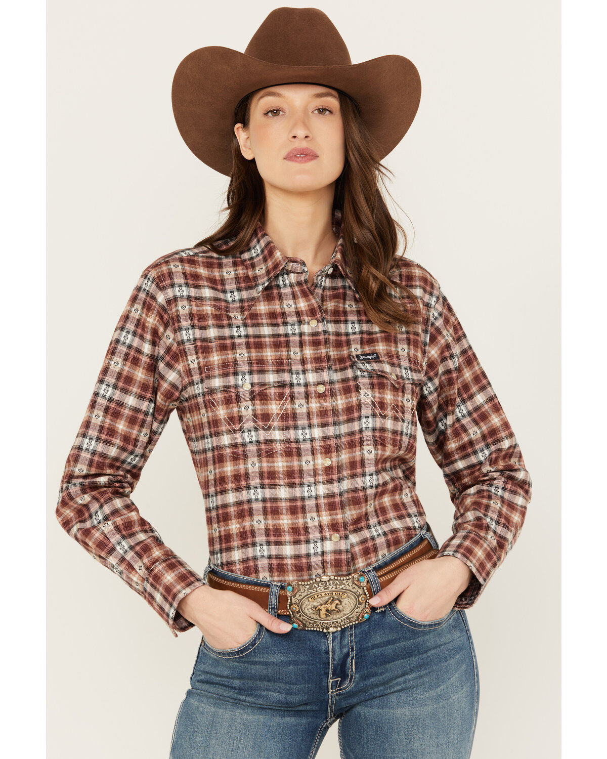 Women's Wrangler Plaid Print Flannel Boyfriend Long Sleeve Snap Wester