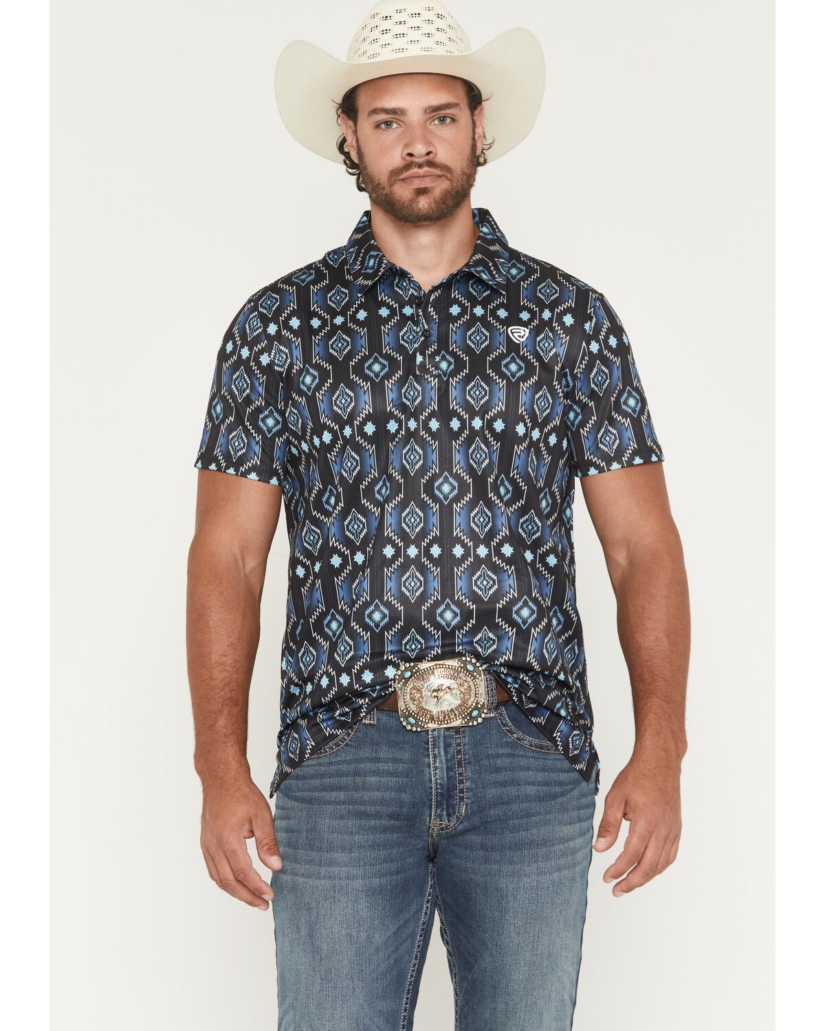 Men's Rock & Roll Denim Southwestern Print Short Sleeve Button-Down St