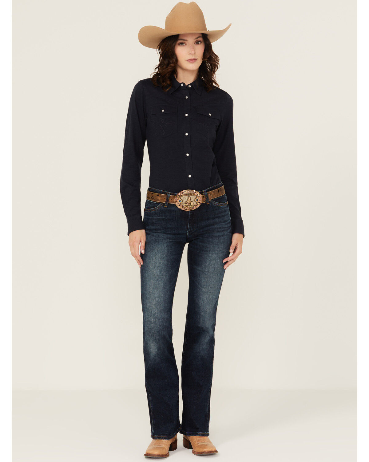 Women's Wrangler Dark Wash Pioneer Westward Mid Rise Bootcut Stretch D