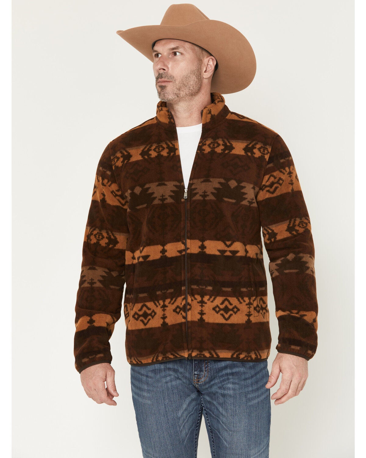 Cody James Willows Men’s Southwestern Print Zip-Up Jacket in Dark Brown – Full Zip Fleece Western Jacket, Size XL