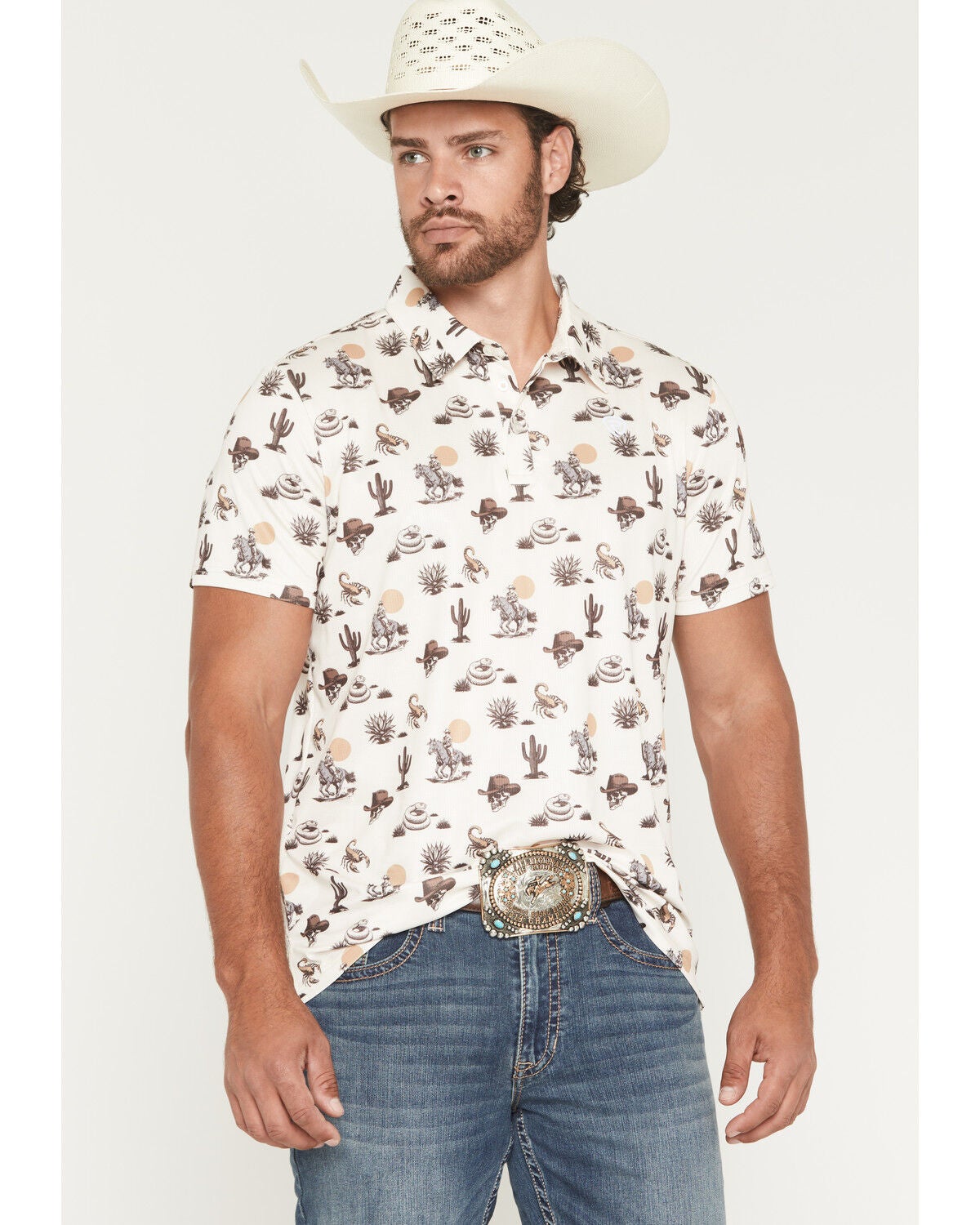 Men's Rock & Roll Denim Conversational Print Short Sleeve Stretch Polo