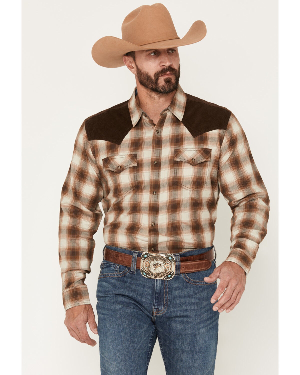 Men's Cody James Mad Plaid Print Corduroy Long Sleeve Snap Western Shi