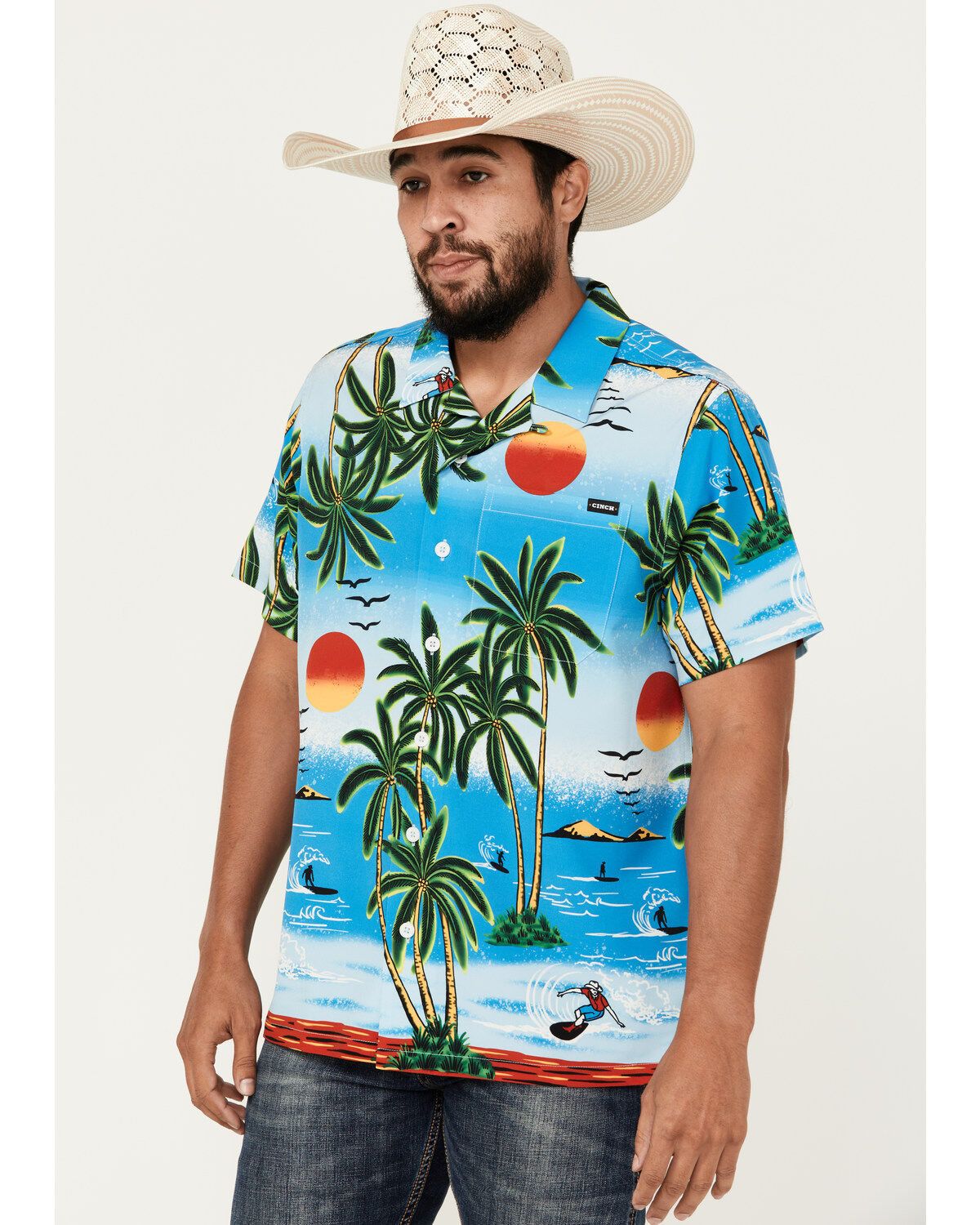 Men's Cinch Camp Ocean And Palm Trees Short Sleeve Button-Down Shirt