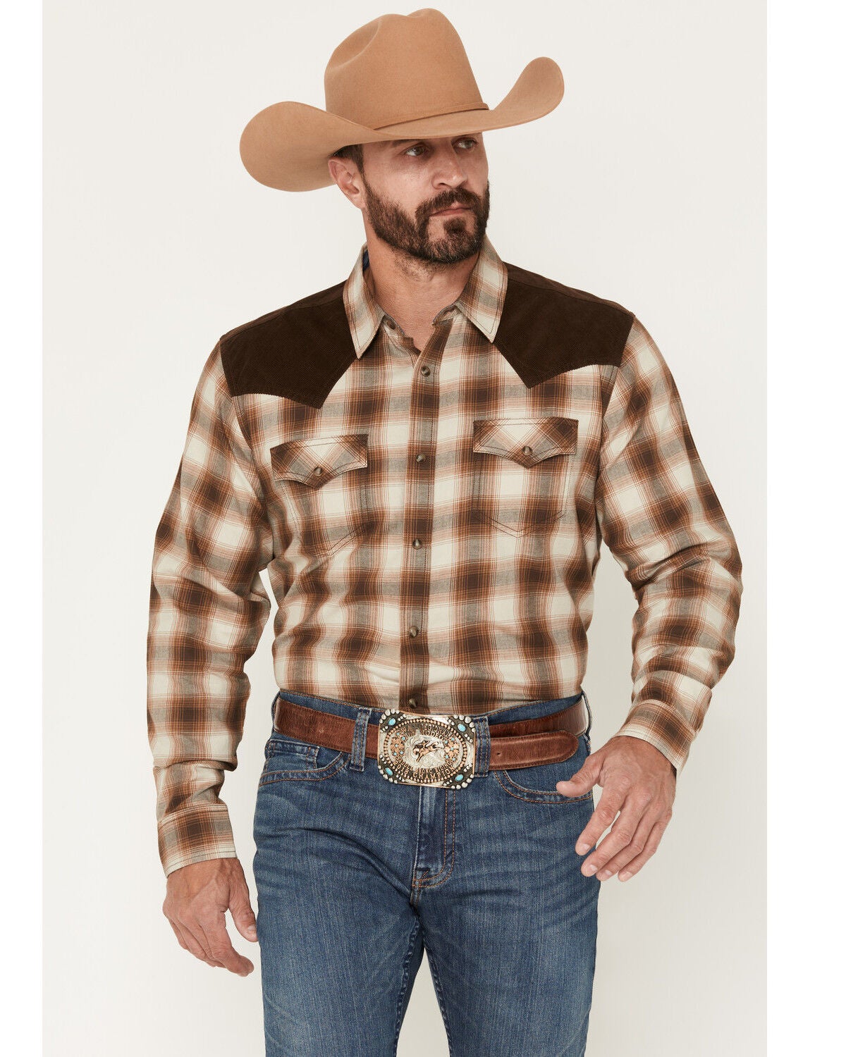 Men's Cody James Mad Plaid Print Corduroy Long Sleeve Snap Western Shi