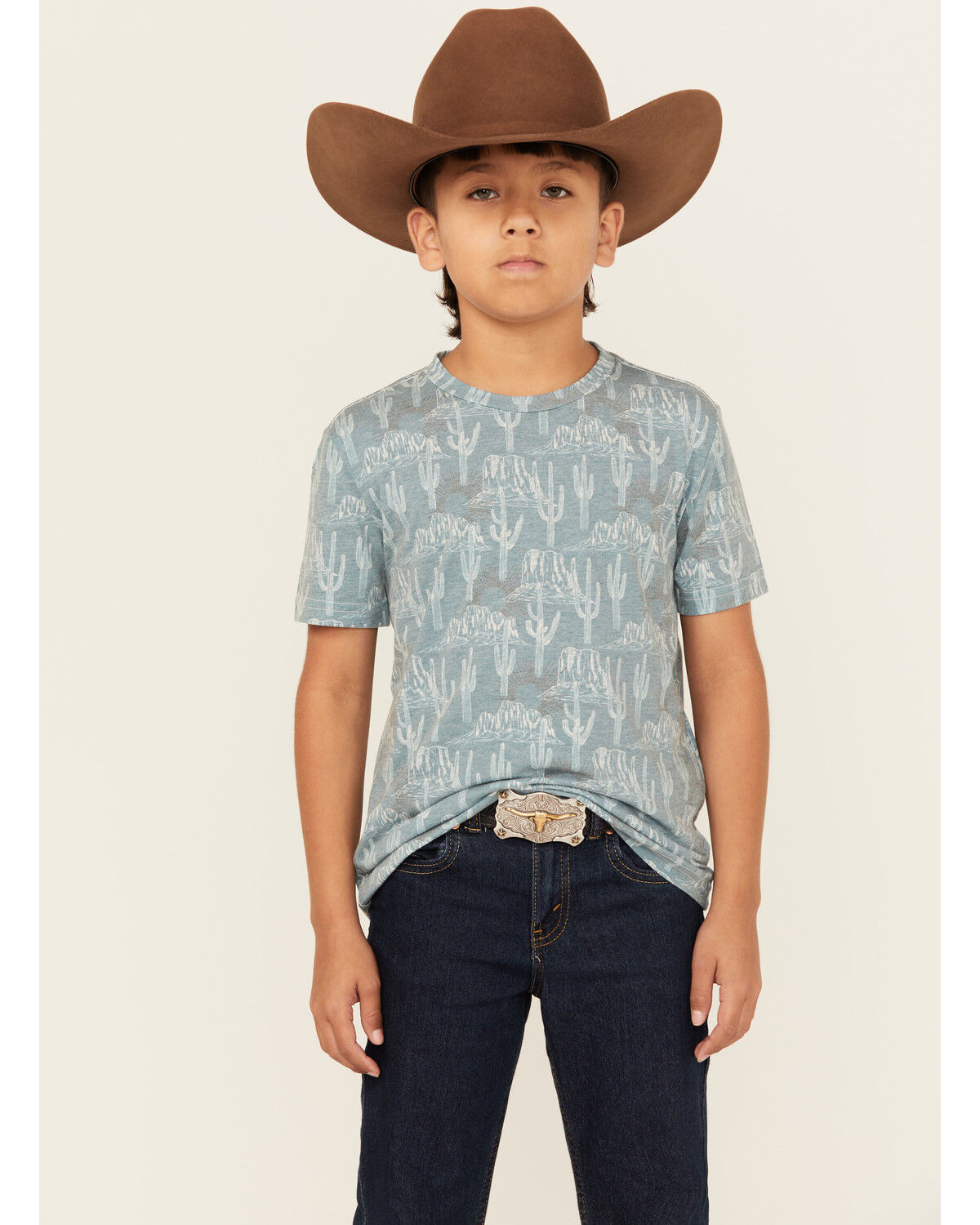 Boys' Rock & Roll Denim Allover Cactus Print Short Sleeve Shirt