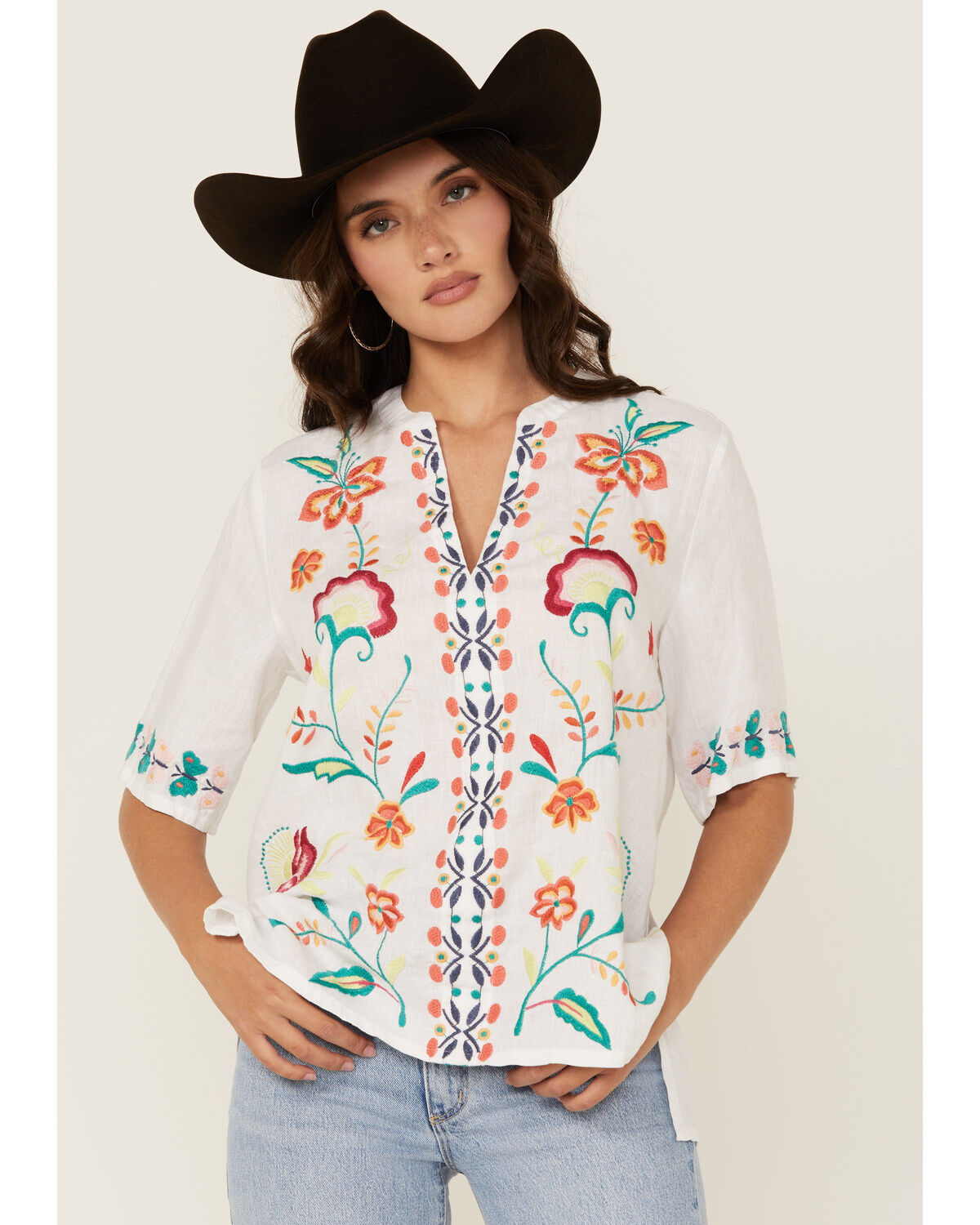 Women's Johnny Was Floral Embroidered V Neck Top