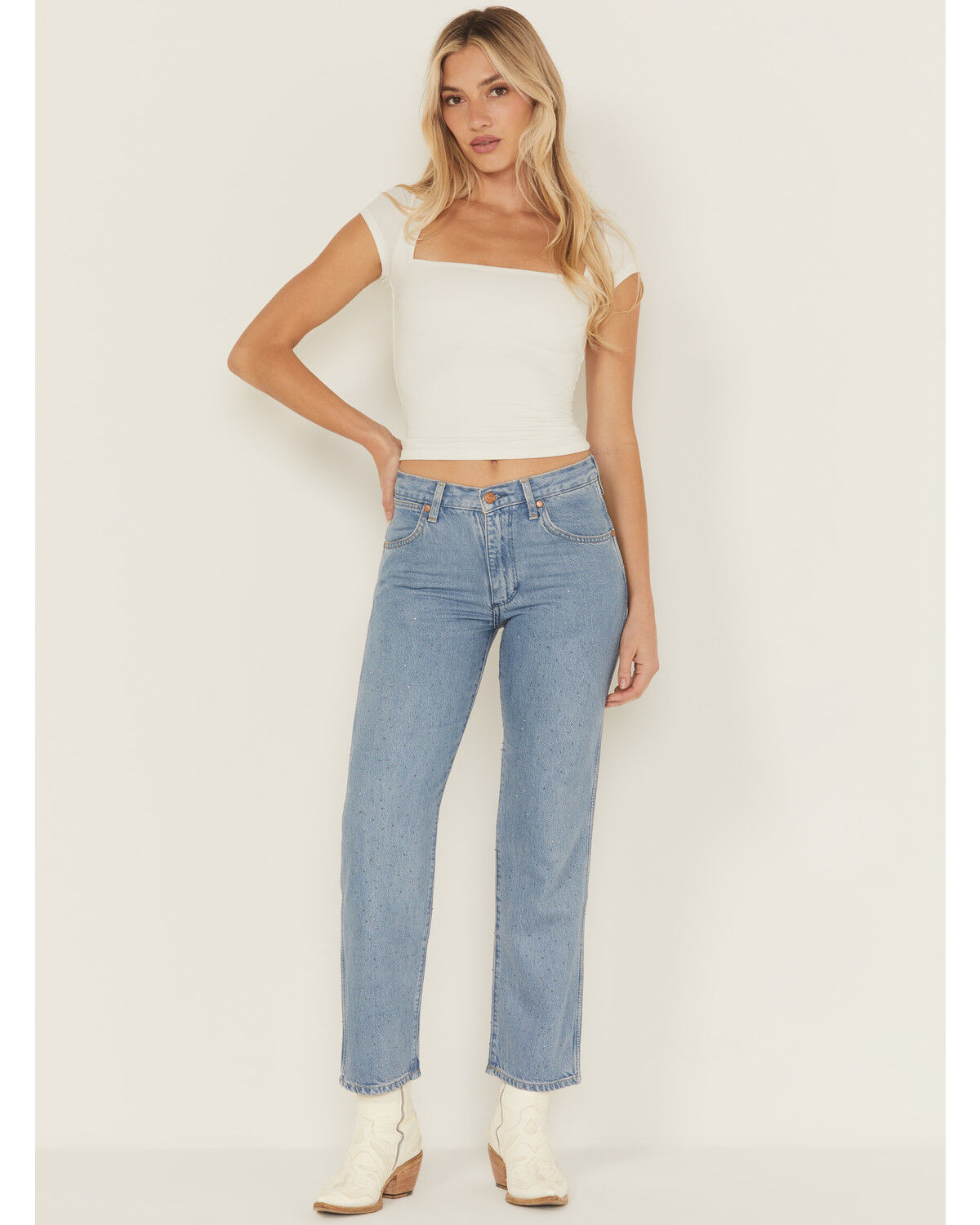 Women's Wrangler Light Wash Make It Shine Embellished Mid Rise Straigh