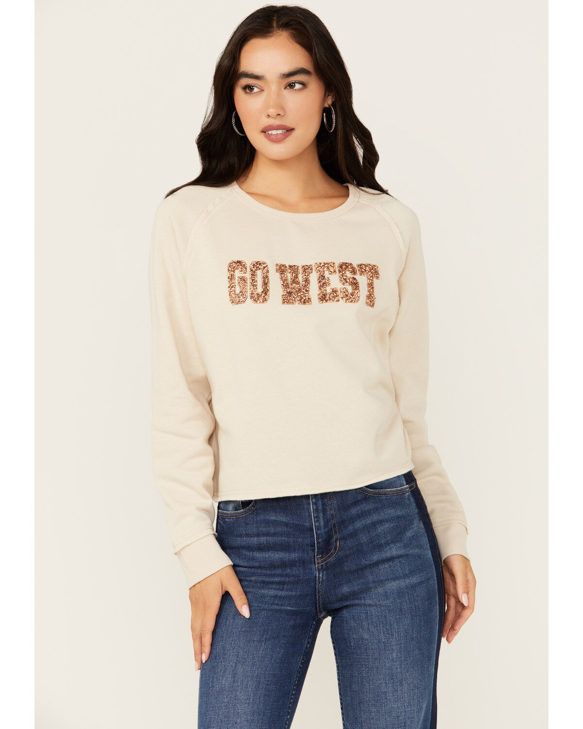 Women's Blended Go West Sequins Graphic Long Sleeve Tee
