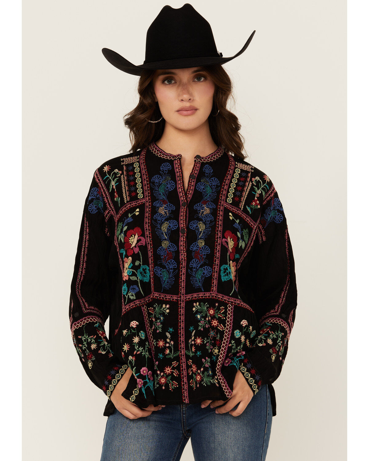 Women's Johnny Was Floral Embroidered Long Sleeve Blouse