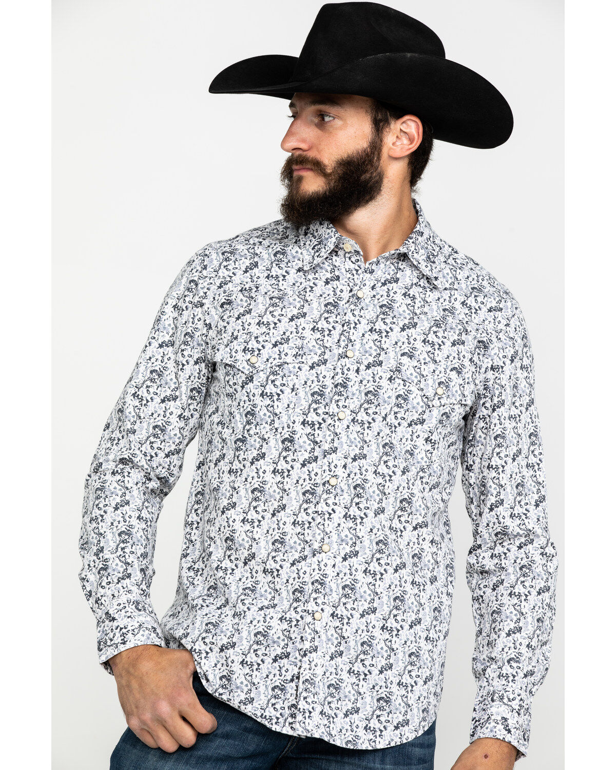 Men's Rock & Roll Denim Crinkle Washed Print Long Sleeve Western Shirt