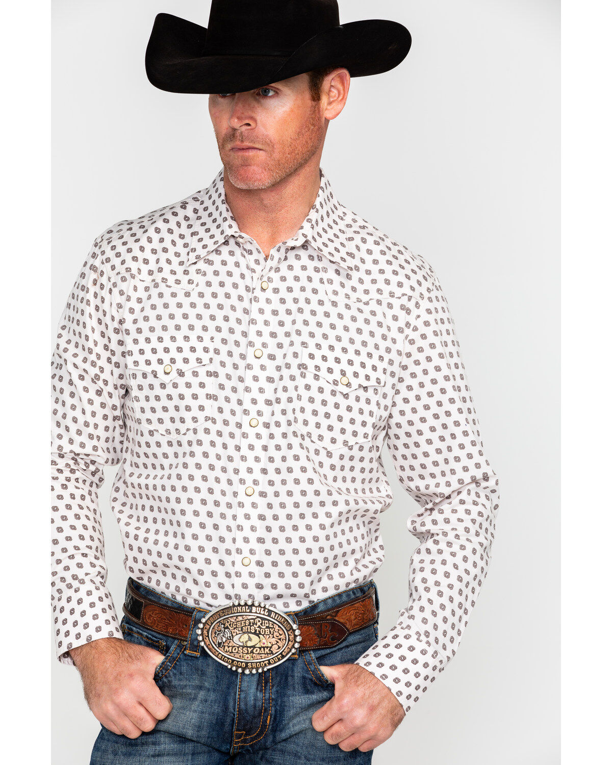 Men's Rock & Roll Denim Crinkle Washed Poplin Print Long Sleeve Wester
