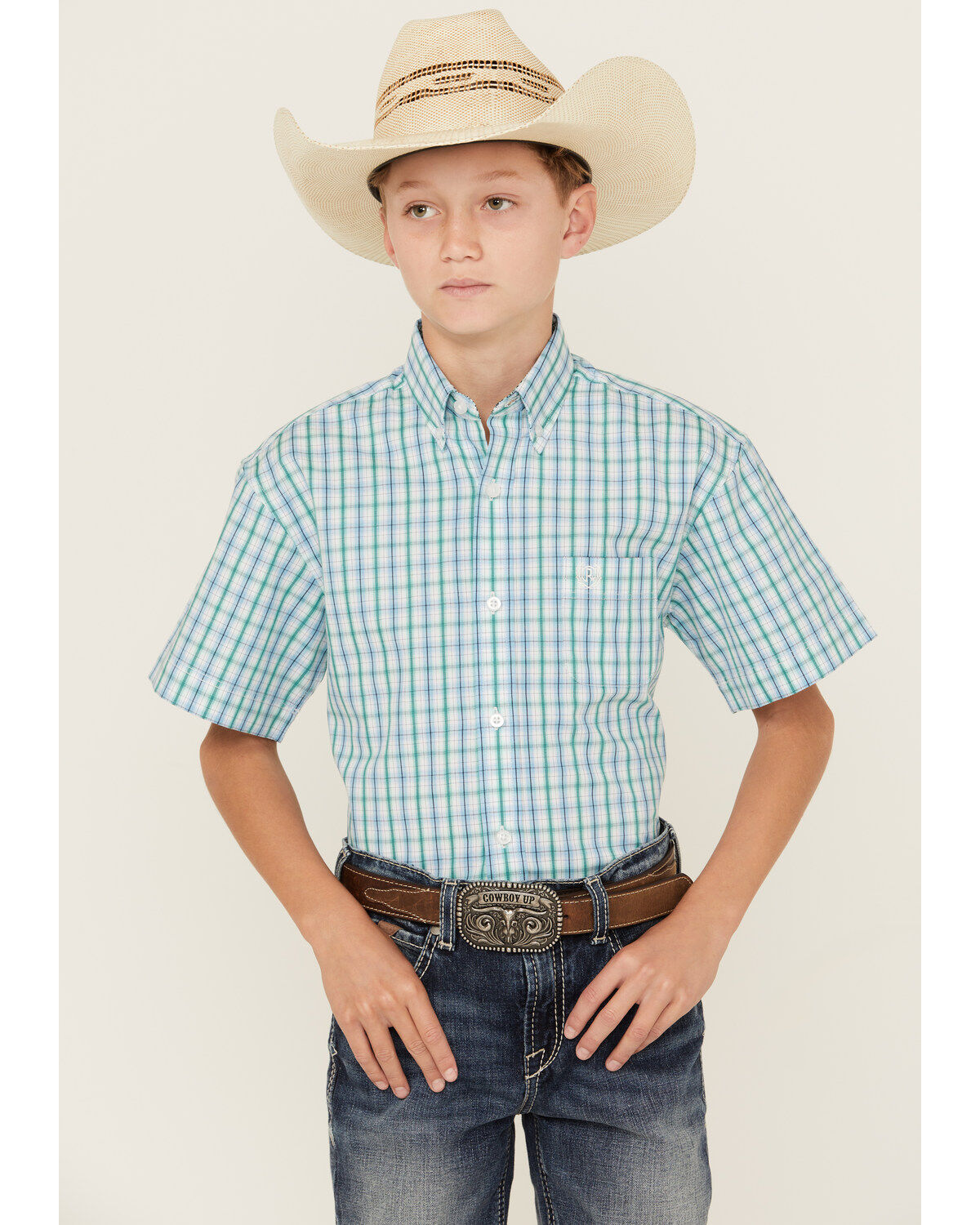 Boys' Panhandle Plaid Print Short Sleeve Button-Down Western Shirt
