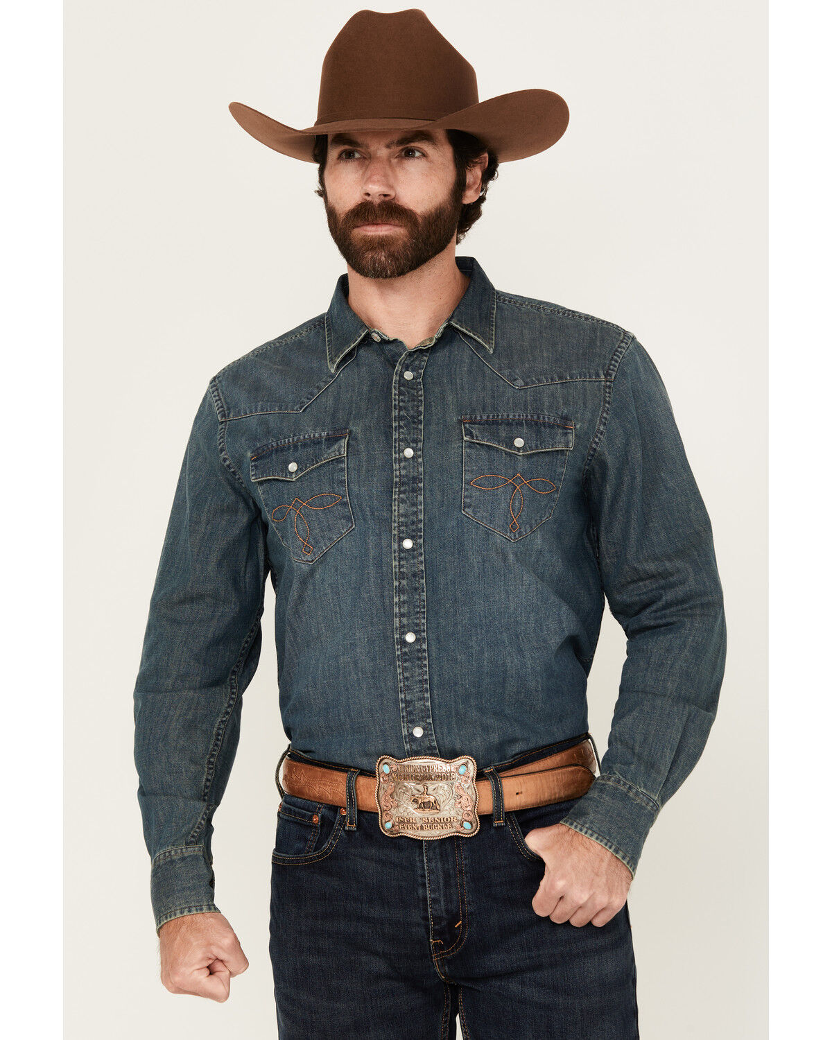 Men's Cody James Medium Wash Denim Long Sleeve Pearl Snap Western Shir