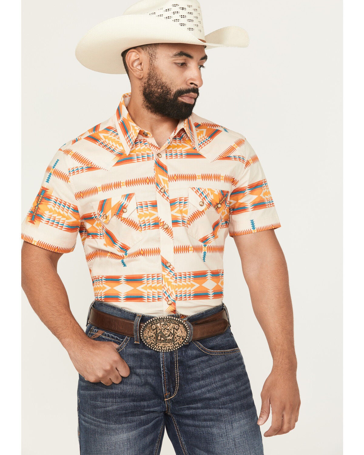 Men's Rock & Roll Denim Southwestern Print Short Sleeve Snap Stretch