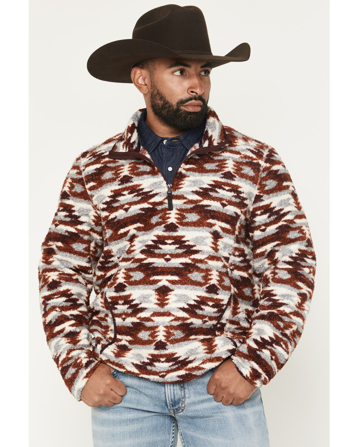 Men's Rock & Roll Denim Southwestern Berber Quarter Zip Pullover