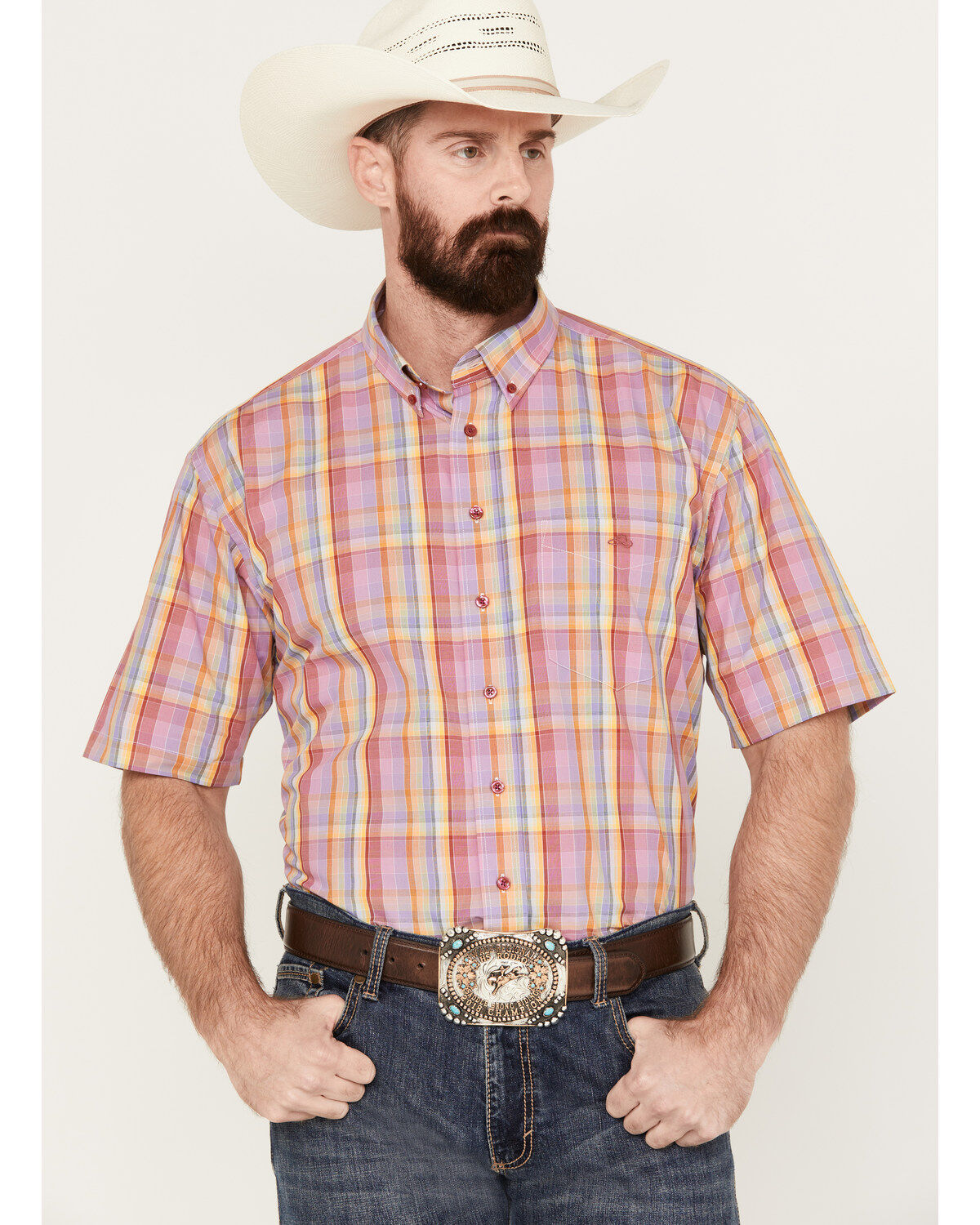 Men's Resistol Panama Plaid Print Short Sleeve Button Down Western Shi