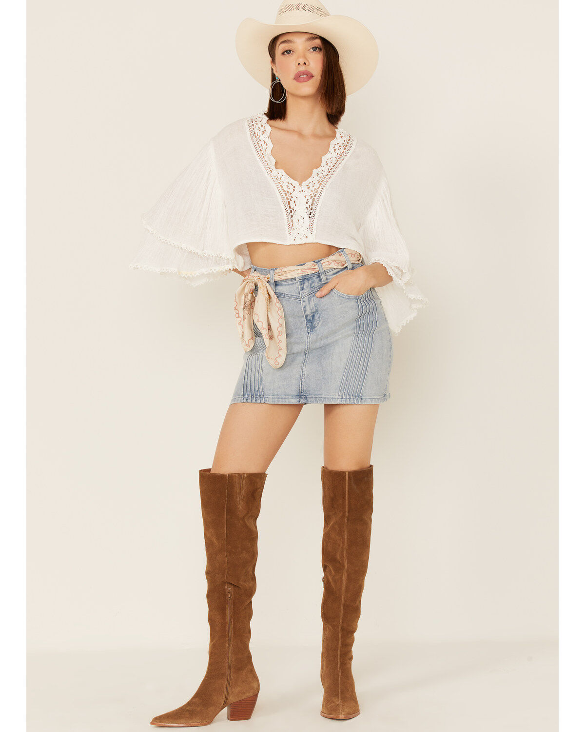Women's Rock & Roll Denim Cowgirl Light Wash Pintuck Detail Denim Skir