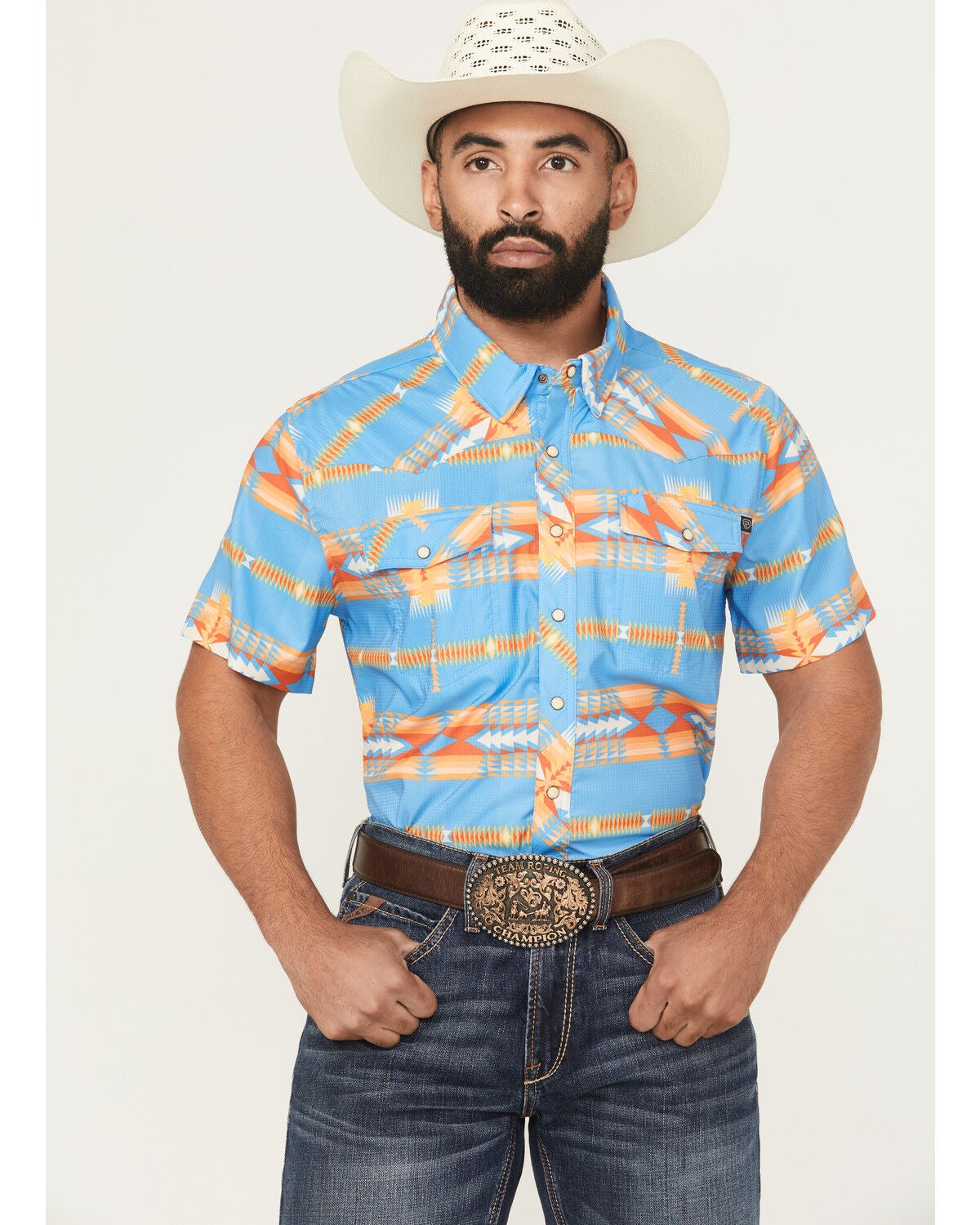 Men's Rock & Roll Denim Tek Southwestern Print Short Sleeve Snap Weste