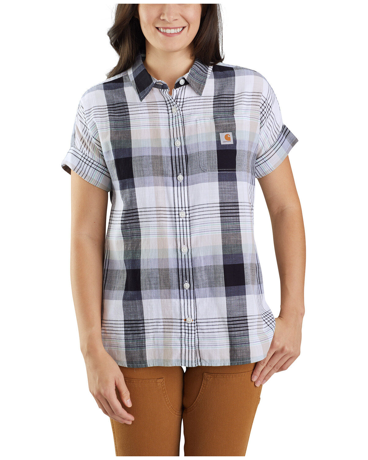 Women's Carhartt Loose Fit Plaid Twill Short Sleeve Button Down Work S