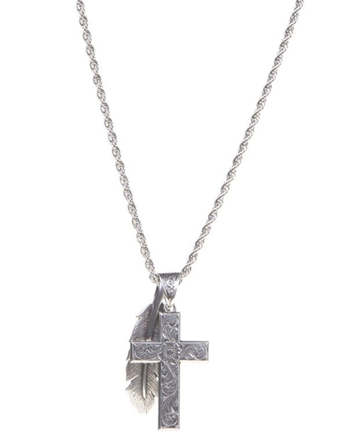 Men's Silver Twister Cross and Feather Pendant Necklace
