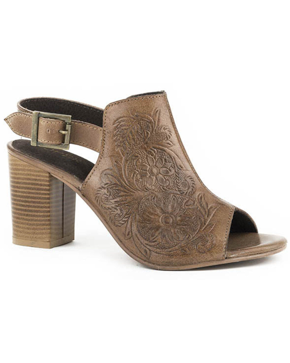 Women's Roper Beige Floral Tooled Leather Sandals