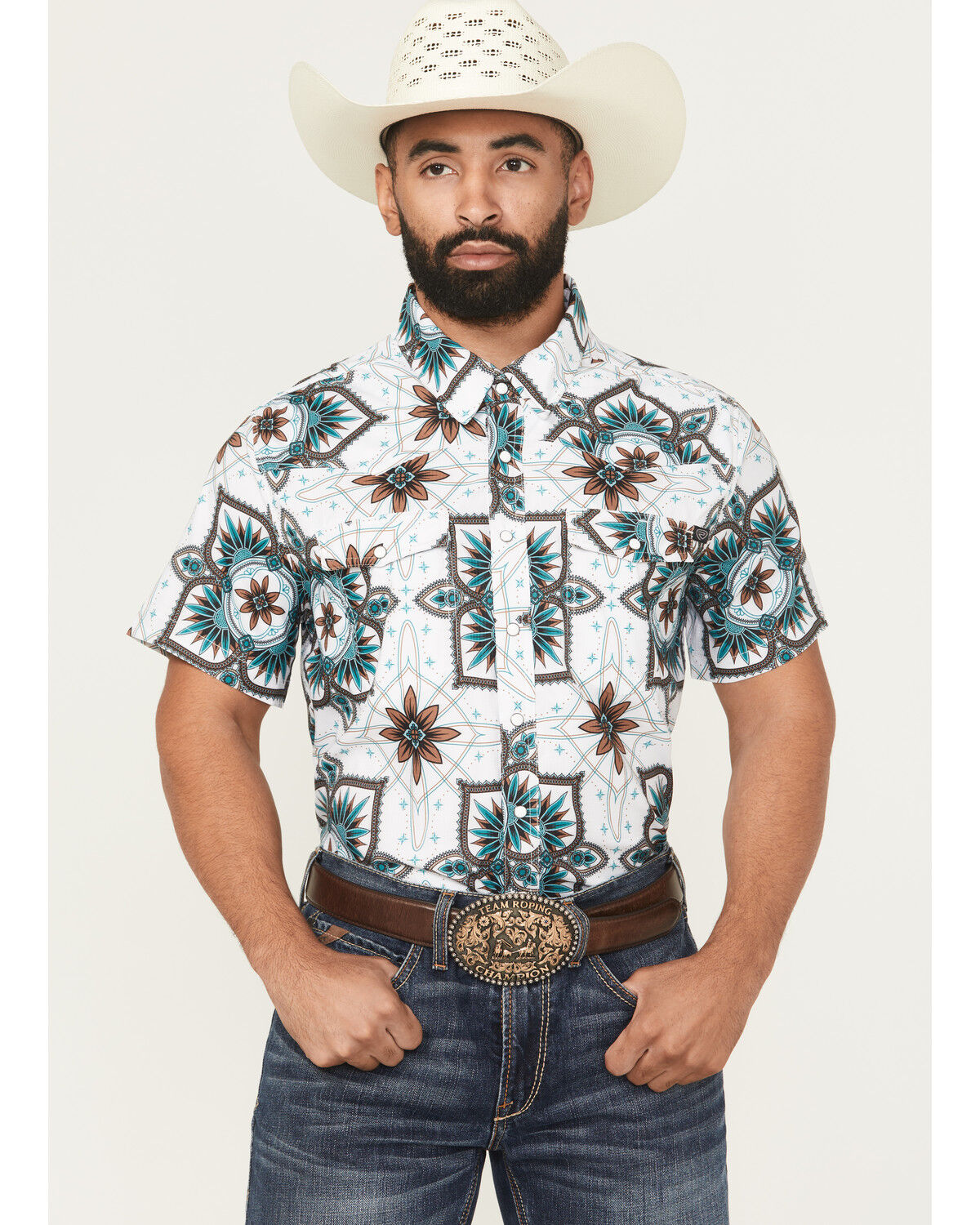 Men's Rock & Roll Denim Medallion Print Short Sleeve Snap Stretch West