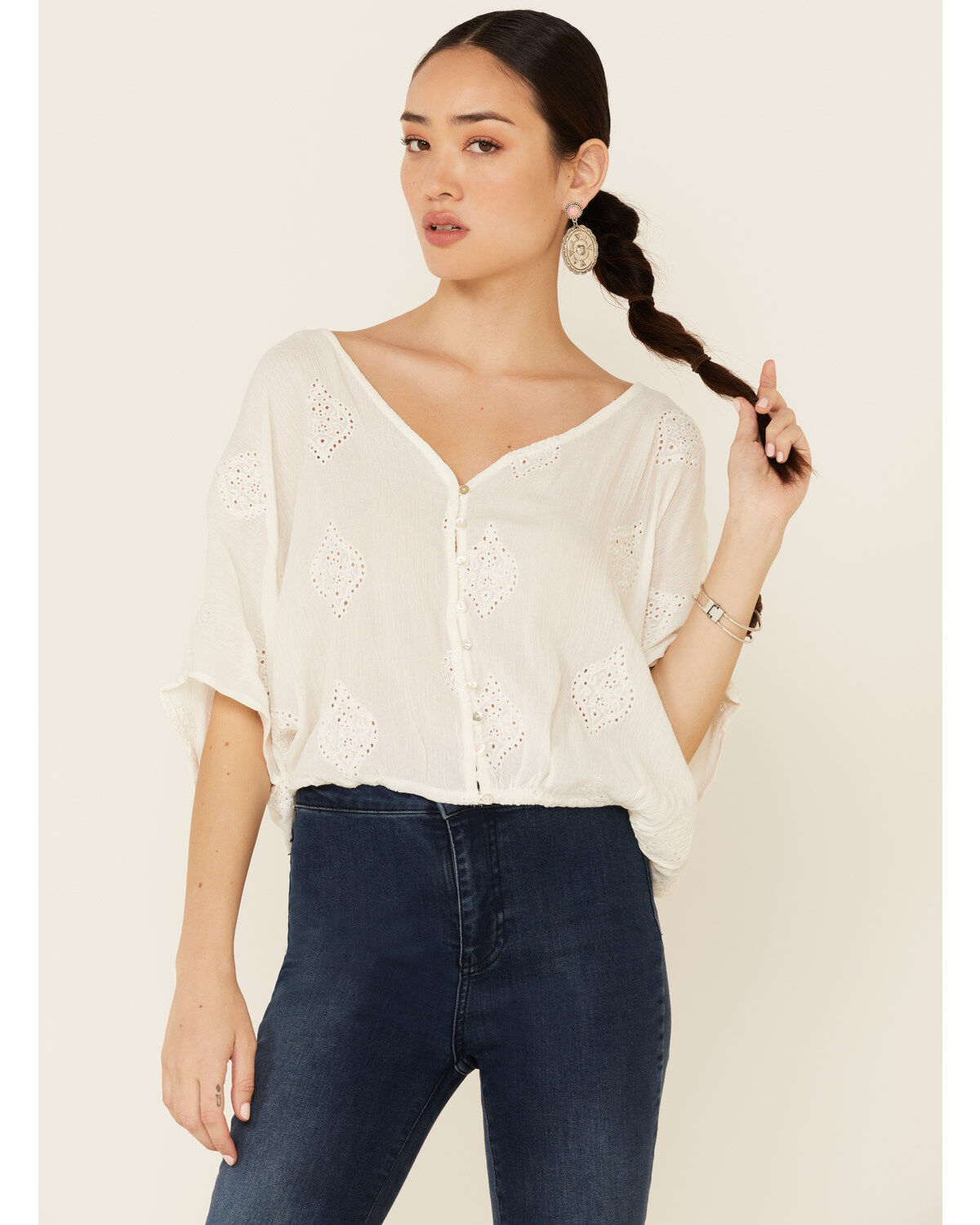 Women's Angie Embroidered Button-Down Long Sleeve Flowy Top
