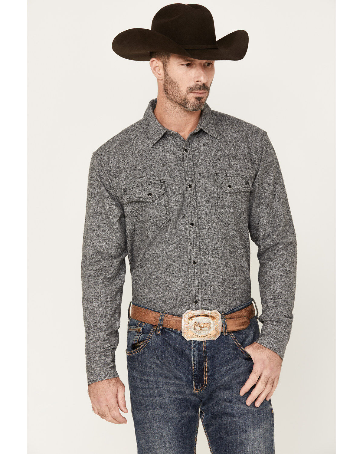 Men's Blue Ranchwear Jasper Heather Long Sleeve Snap Flannel Shirt