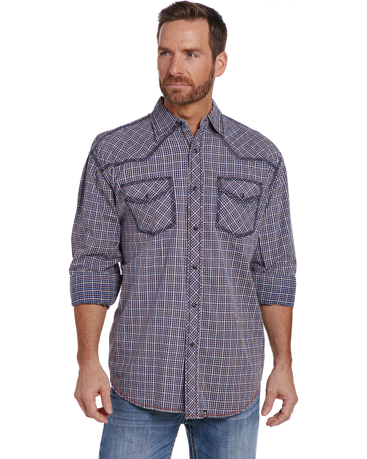 Men's Cowboy Up Heavy Stitched Plaid Print Long Sleeve Snap Western Sh