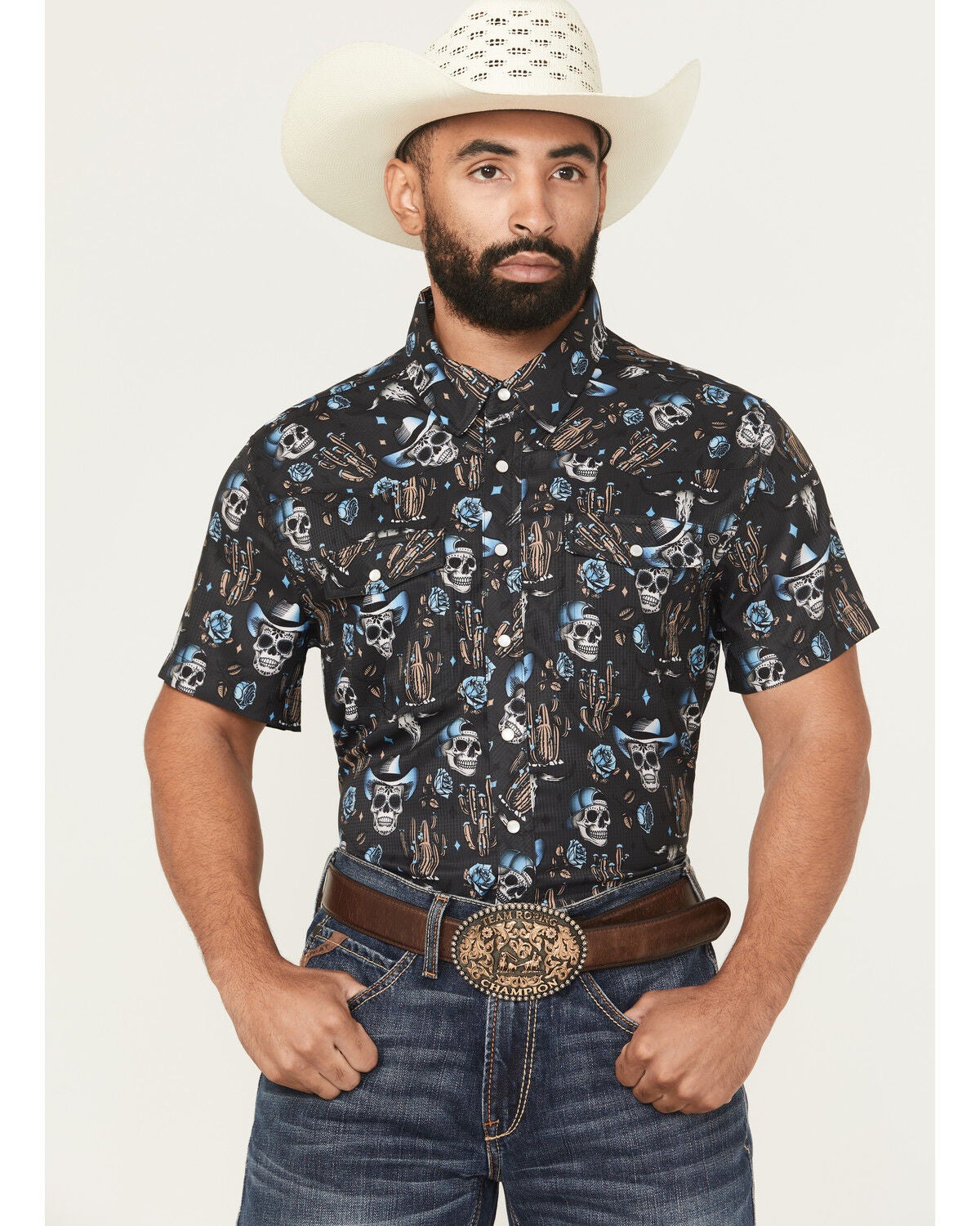Men's Rock & Roll Denim TEK Skull Print Short Sleeve Snap Western Shir