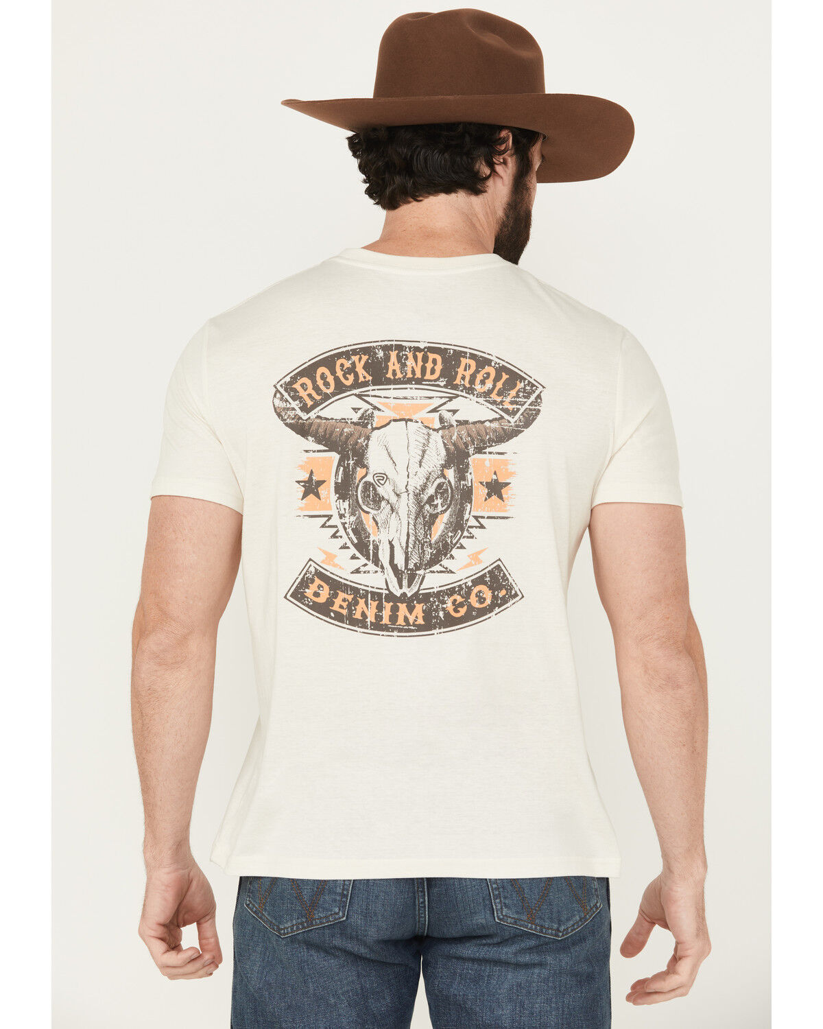 Men's Rock & Roll Denim Longhorn Skull Short Sleeve Graphic T-Shirt