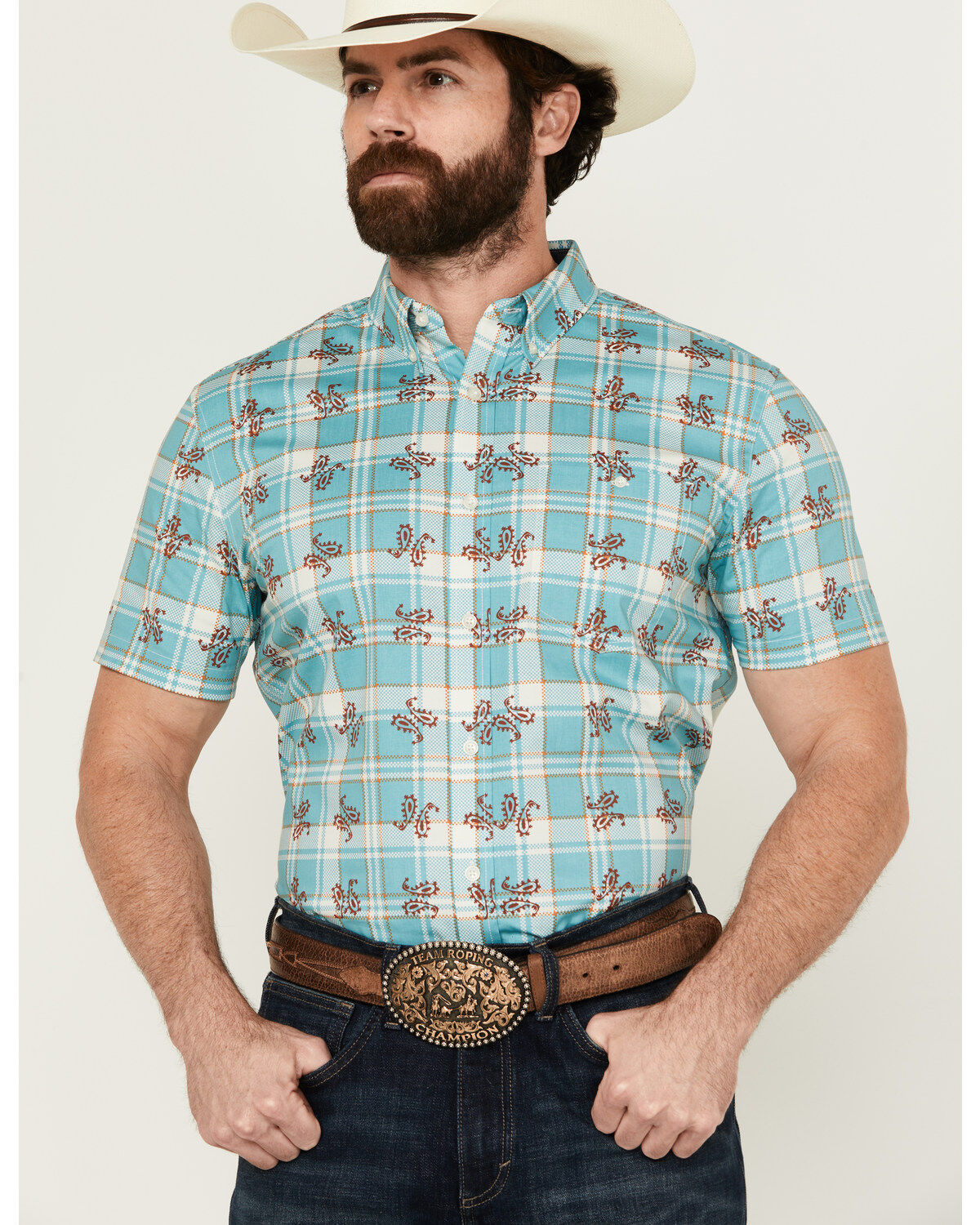 Men's RANK 45 Folklore Plaid Print Short Sleeve Button-Down Performan