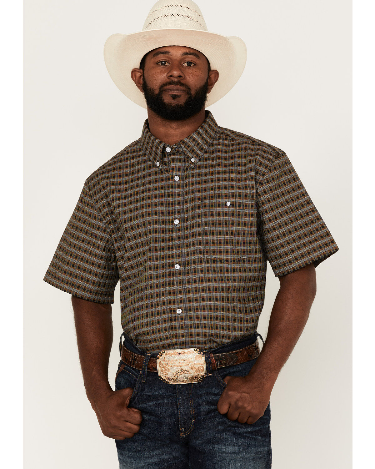Men's RANK 45 Steer Small Plaid Print Short Sleeve Button-Down Wester