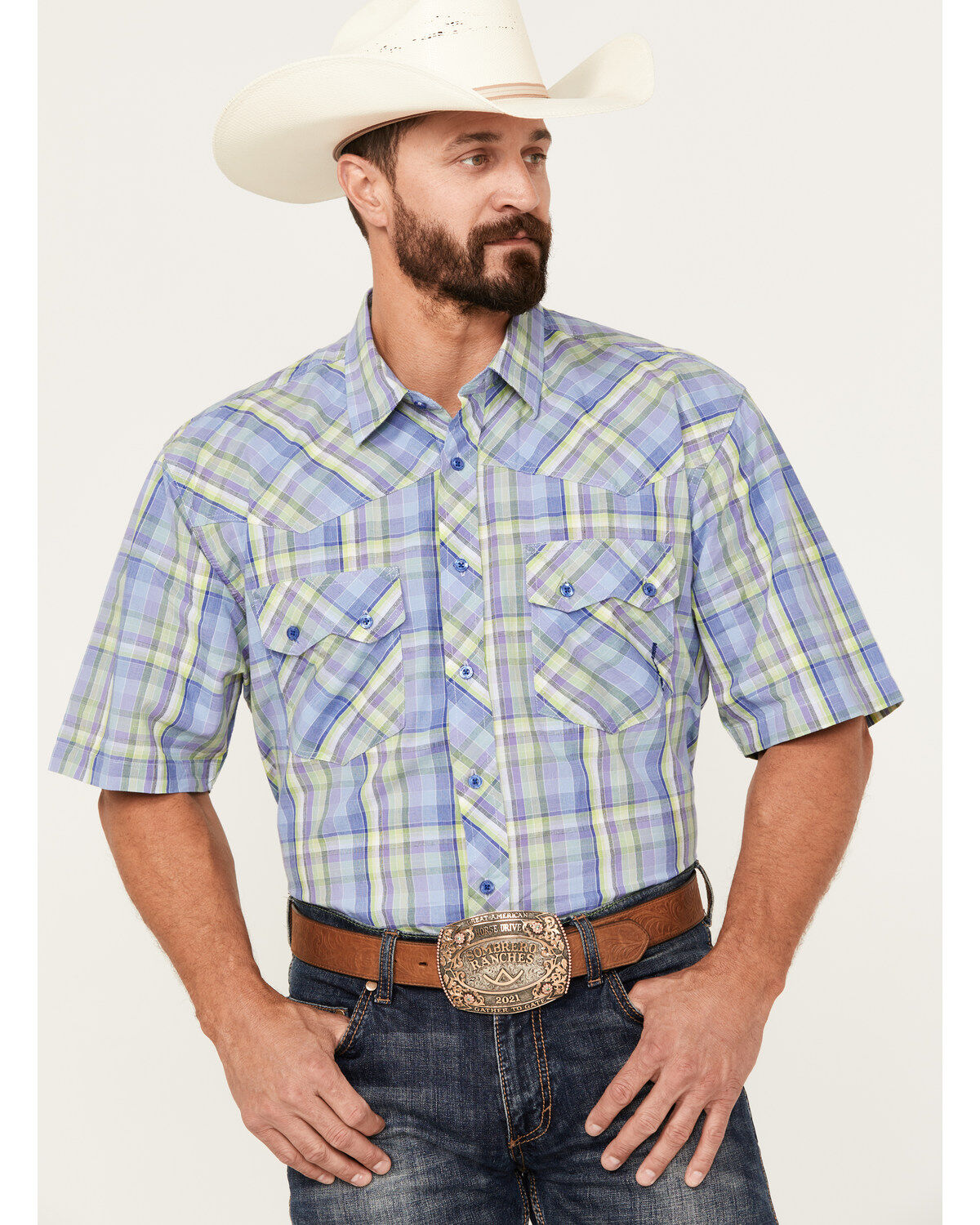 Men's Resistol Miramar Plaid Print Short Sleeve Button Down Western Sh