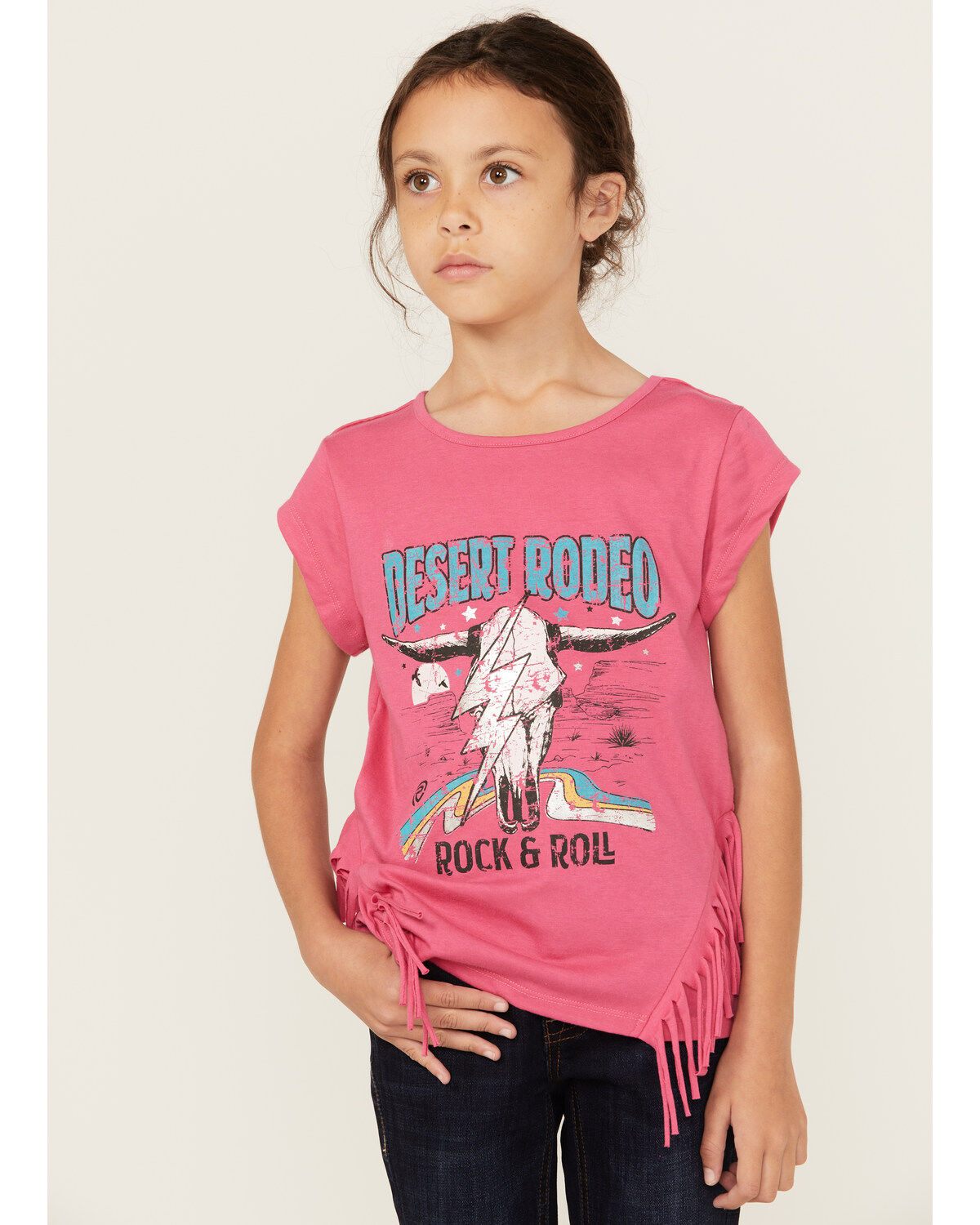 Girls' Rock & Roll Denim Steer Head Fringe Short Sleeve Tee