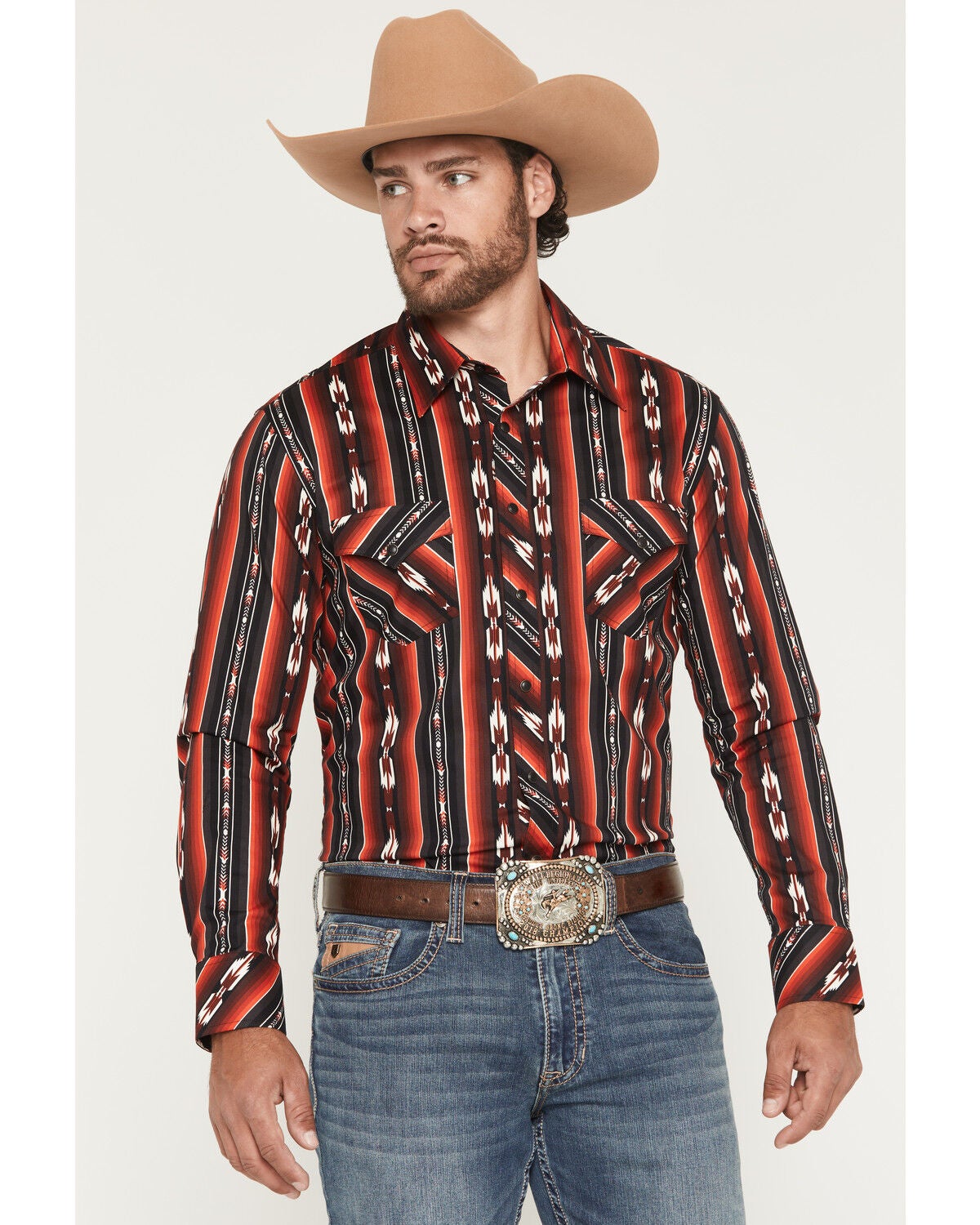 Men's Rock & Roll Denim Southwestern Stripe Long Sleeve Snap Stretch W