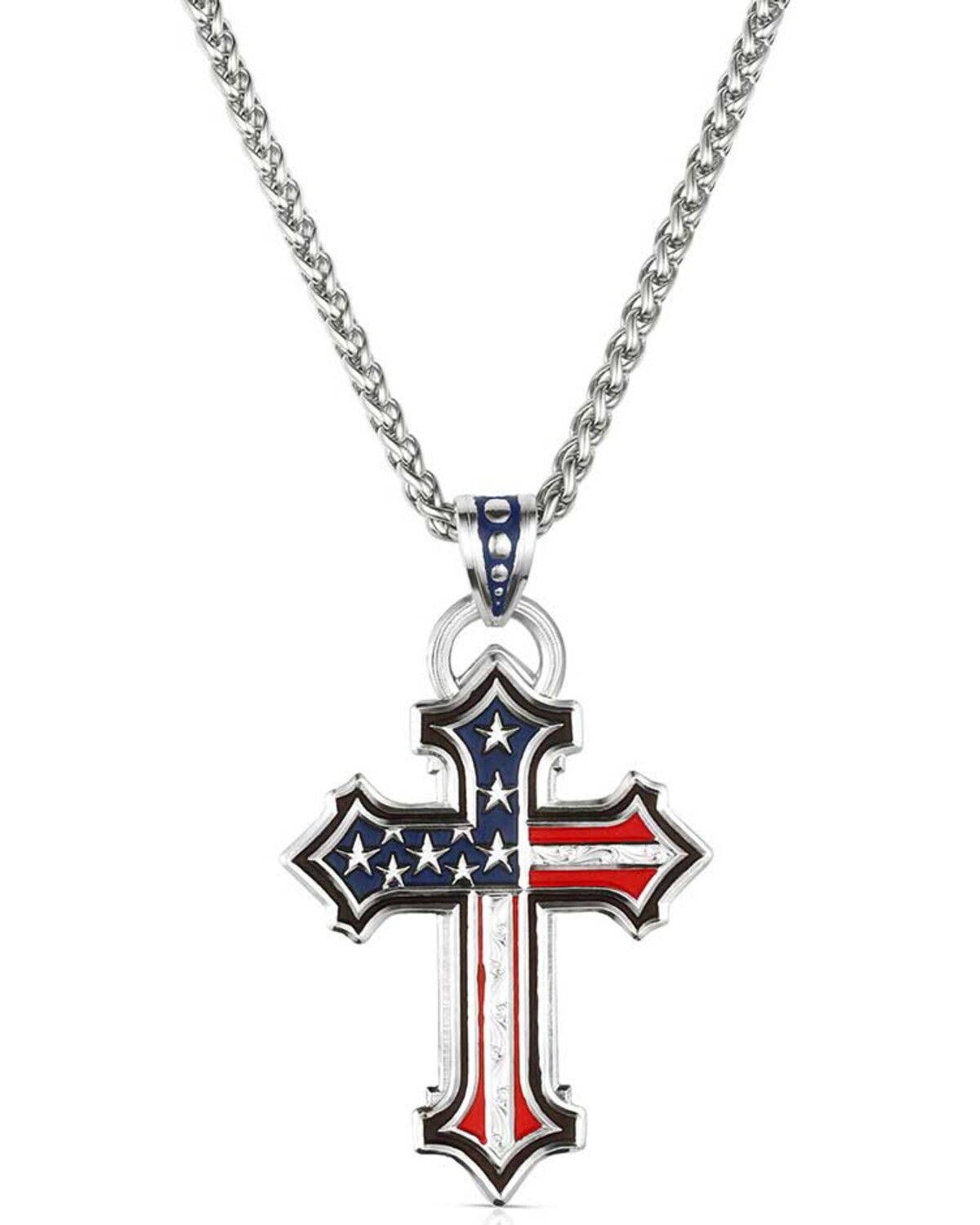 The product is a men's cross necklace, which directly matches the keyword.