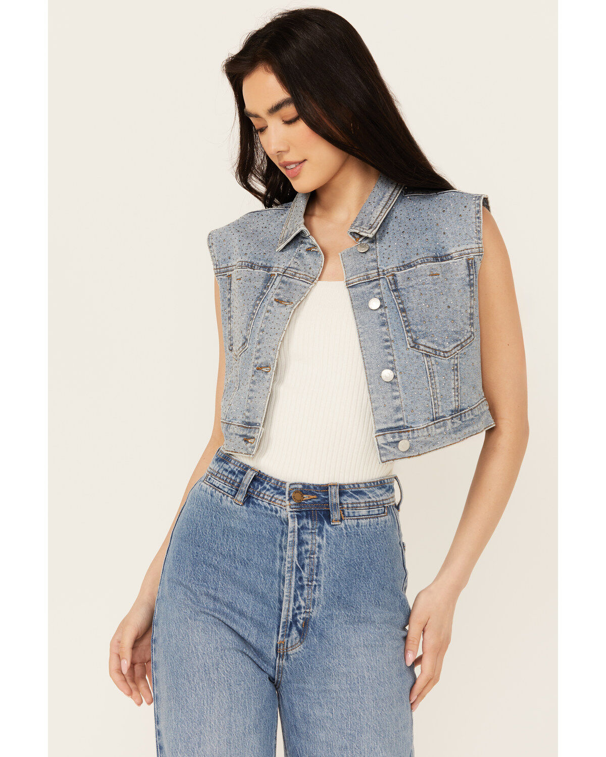 Women's Vibrant Denim Cropped Embellished Light Wash Denim Vest