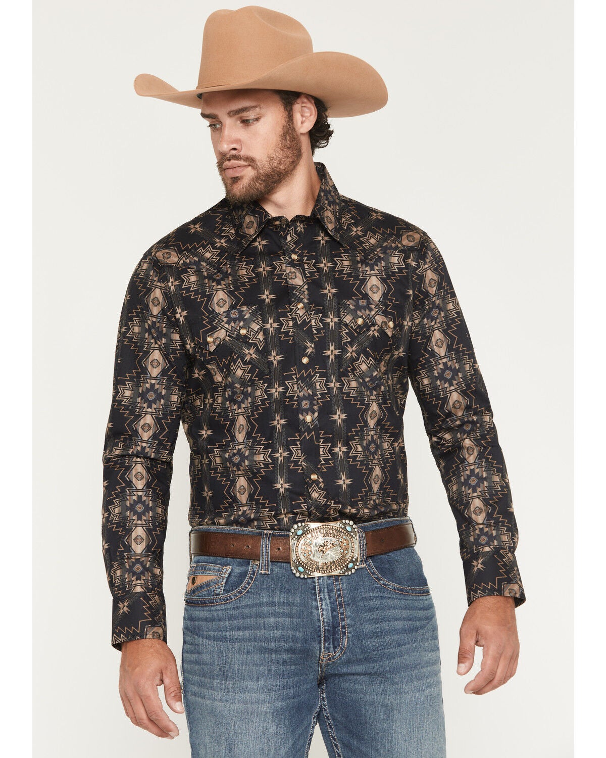 Men's Rock & Roll Denim Southwestern Print Long Sleeve Snap Stretch We